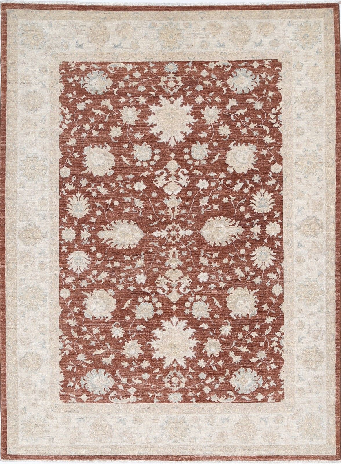 5.7x7.8 Ft Hand Knotted Floral Area Rug With Red Field And Ivory Border