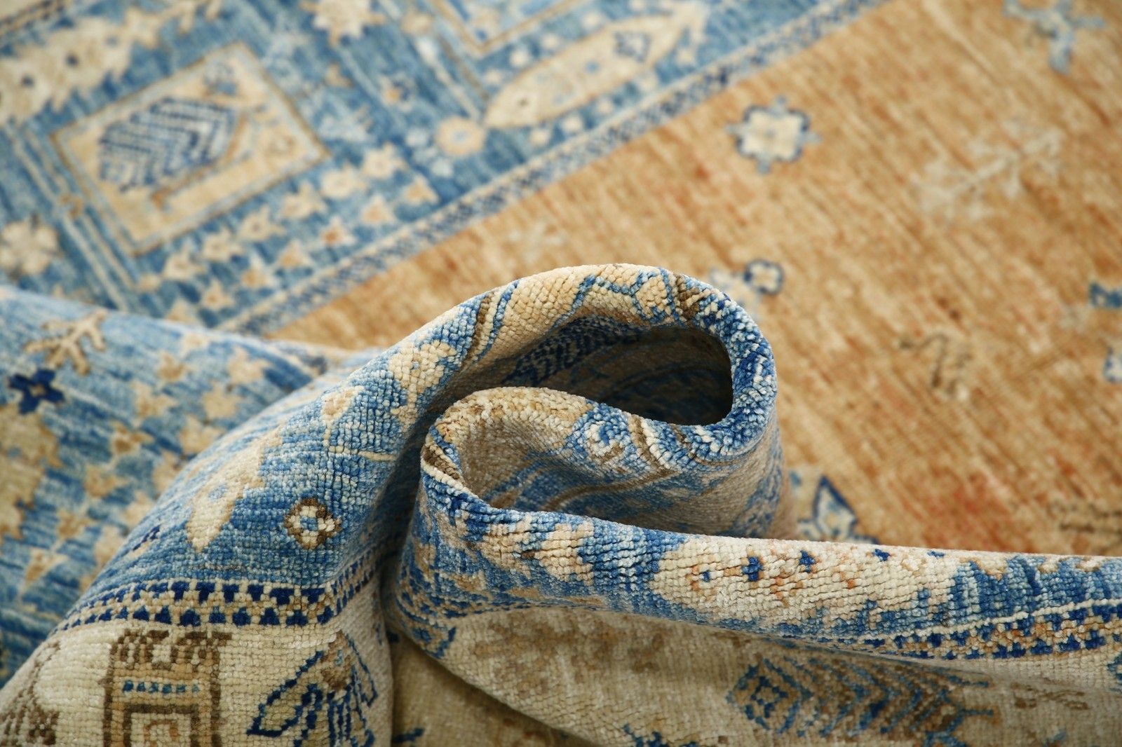 Tapis en laine noué à la main, bleu clair et beige, 166 x 244 cm, tribal turc photo buy