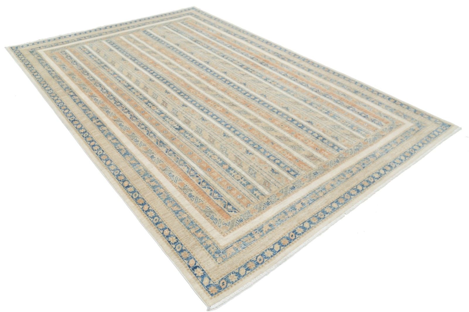 2,0 x 3,0 m Handgeknoopt Vloerkleed in Lichtblauw en Beige met Gestreept Geometrisch Dessin photo furniture