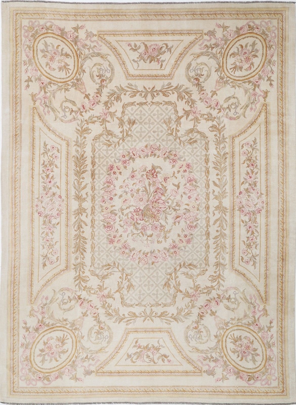 9x12.2 Ft Hand Knotted Ivory, Pale Pink Large Rug. Floral Design Wool Carpet