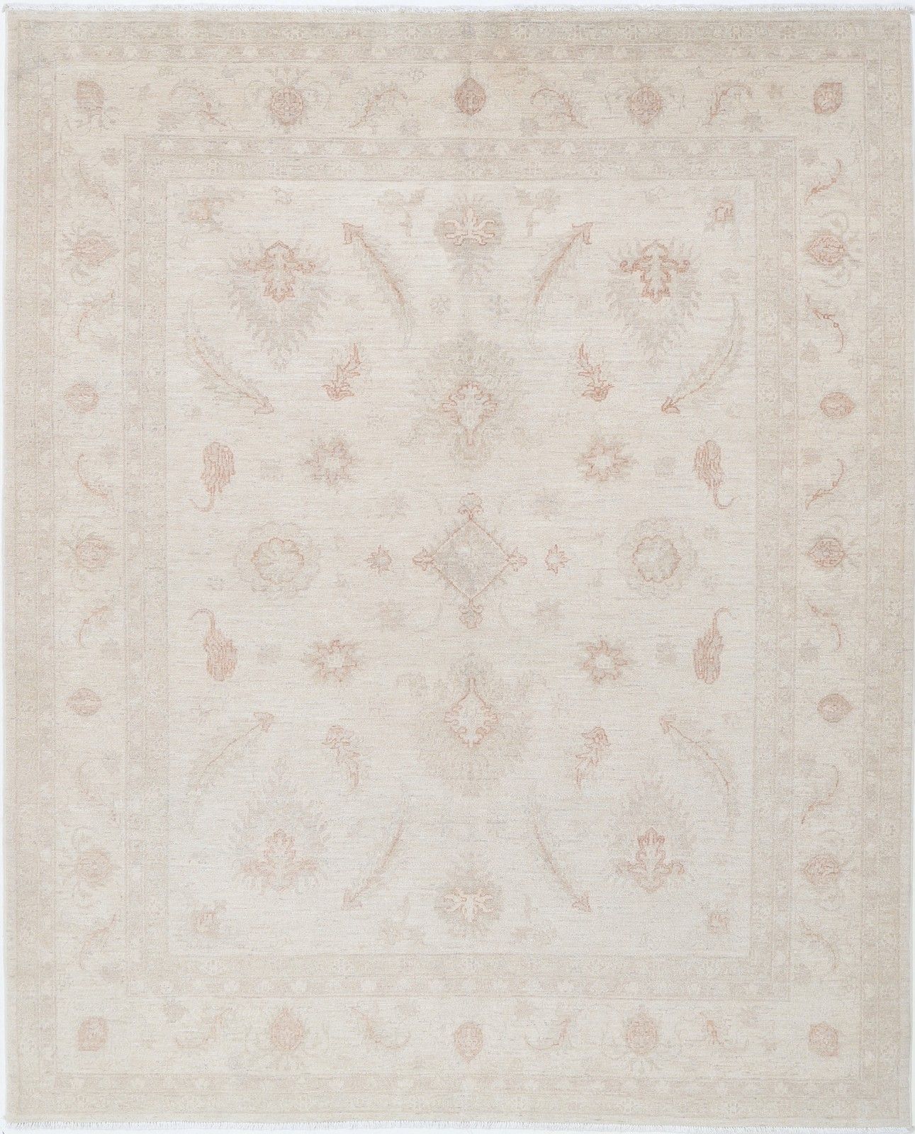 6.6x8 Ft Handmade Beige Oushak Rug With With All Over Floral Design. 100% Wool