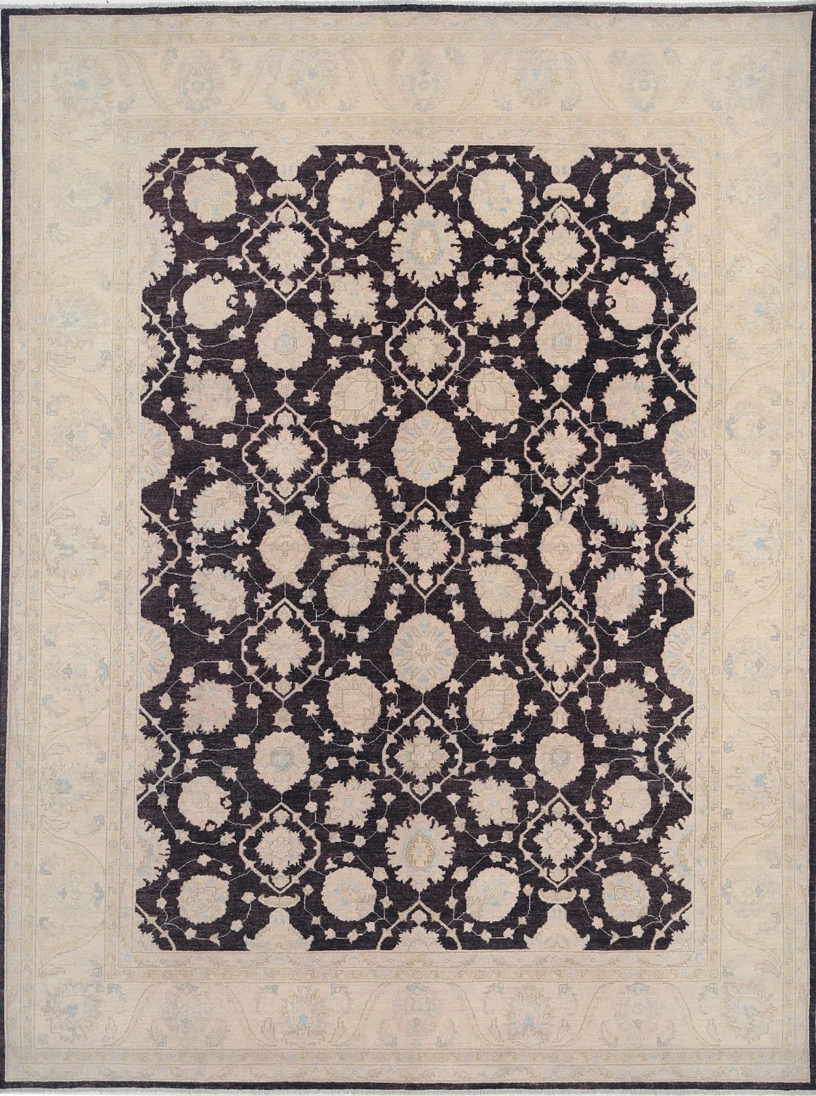9x11.8 Ft Hand Knotted Brown, Ivory Wool Area Rug. Ogee Trellis Design Carpet