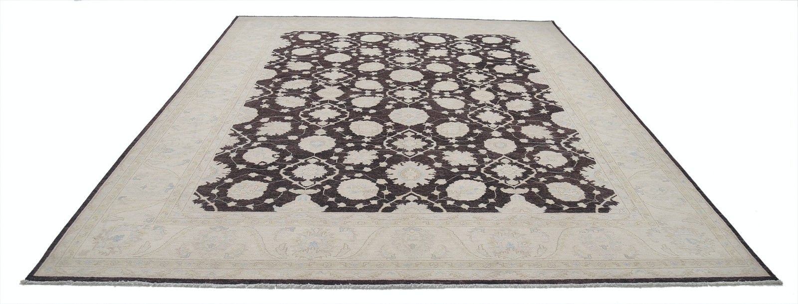 9x11.8 Ft Hand Knotted Brown, Ivory Wool Area Rug. Ogee Trellis Design Carpet photo Textiles