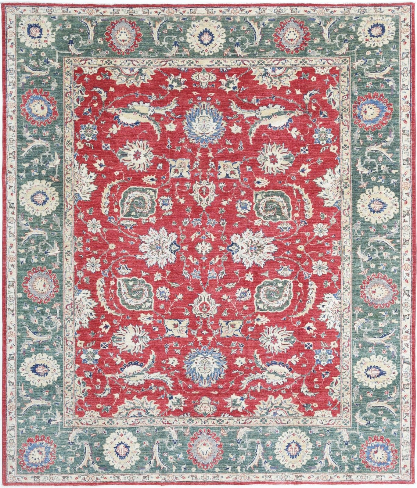 Tapis de sol artisanal à motifs floraux, 8'3" x 9'7", en rouge et vert, Oushak turc en laine