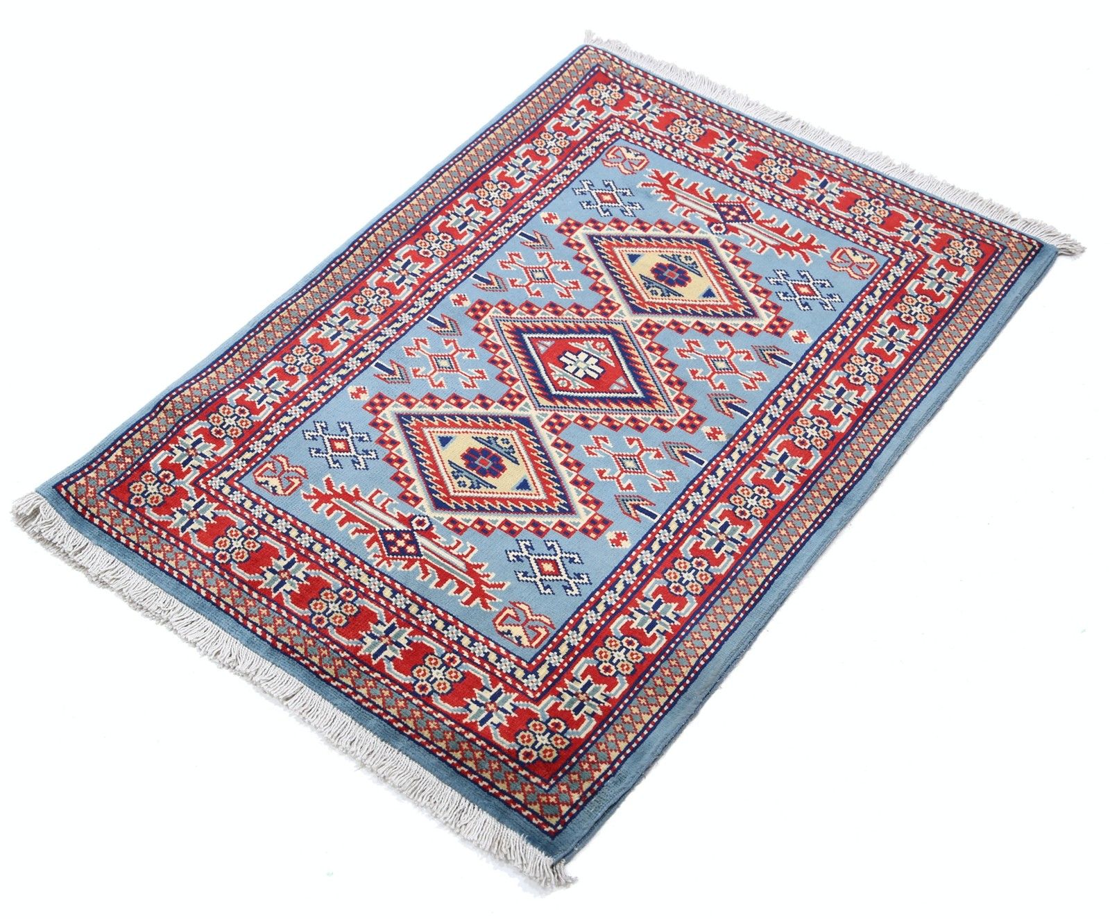 Tapis d'accent en laine fait main, bleu, rouge et ivoire, motif médaillon géométrique, 60 x 90 cm photo for sale