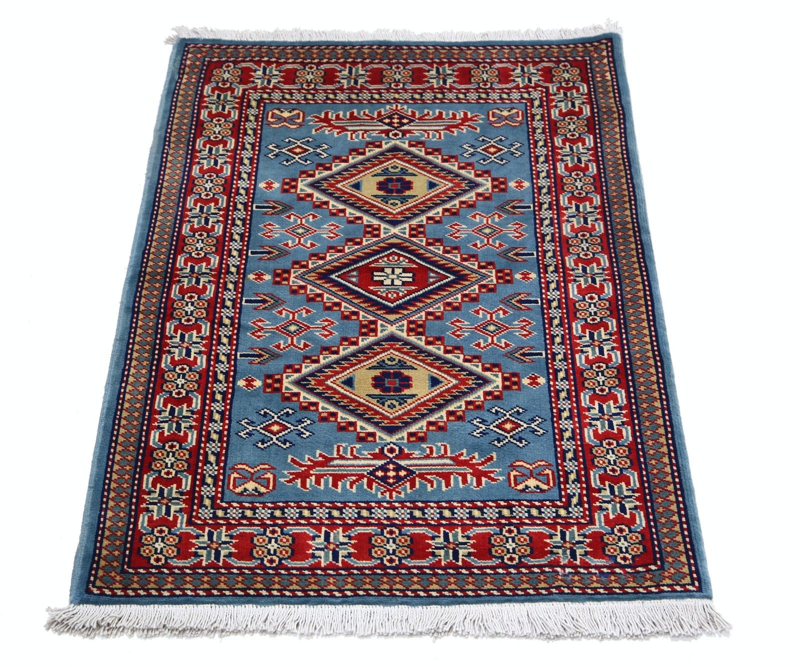 Handgemaakt wollen vloerkleed in blauw, rood en ivoor met geometrisch medaillonmotief, 2x3 ft photo Textiel