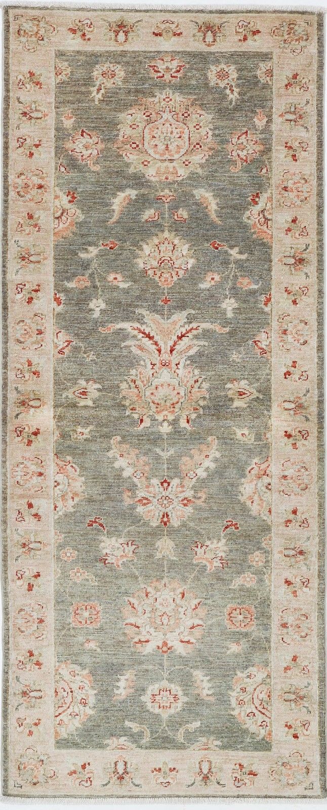 Tapis de couloir en laine fait main, vert sauge, ivoire et rouge, 0,80 x 2 m - motif floral