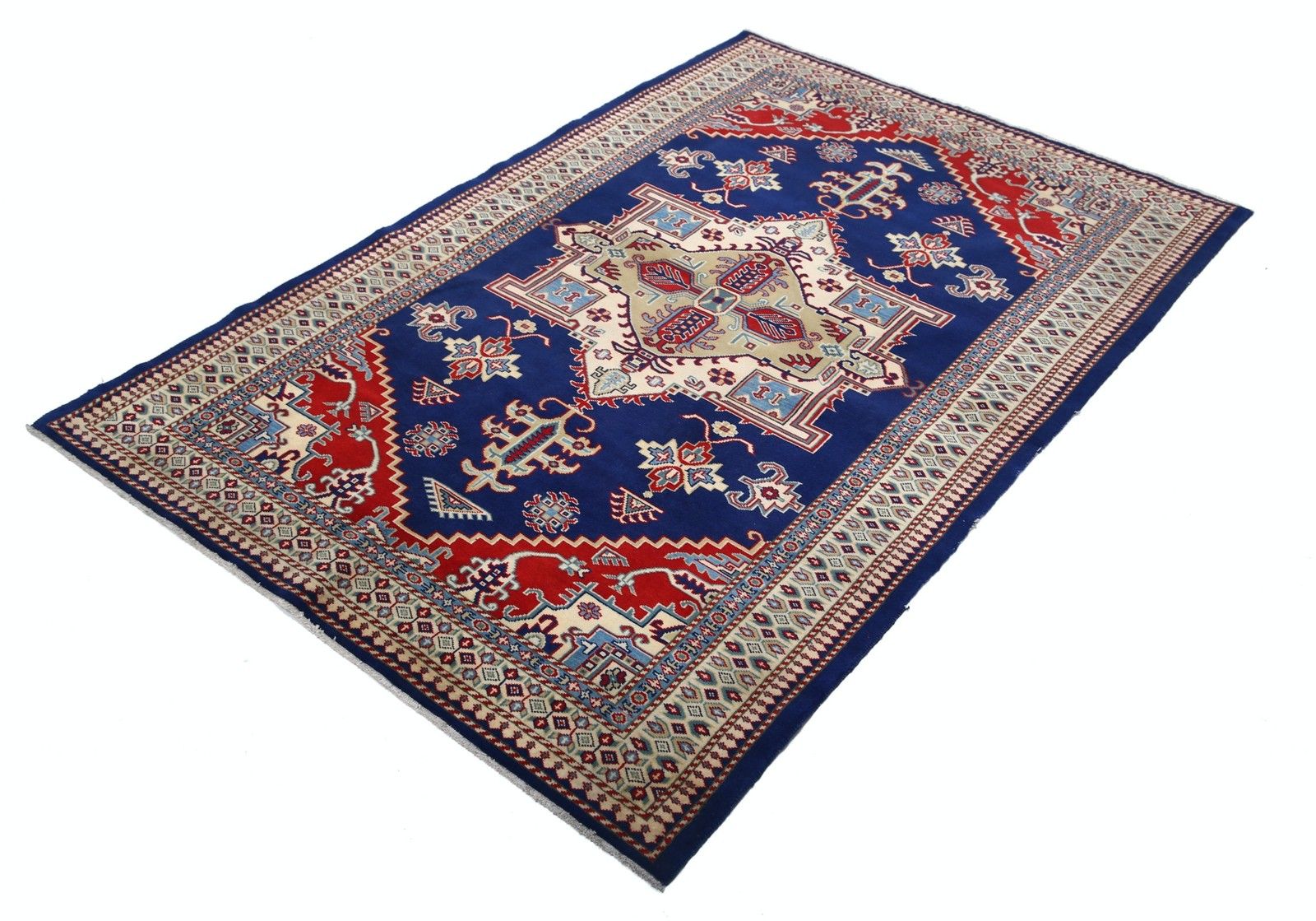4.2x6.2 Ft Handknotted Red, Beige, Blue Area Rug With Geometric Medallion Design photo for sale