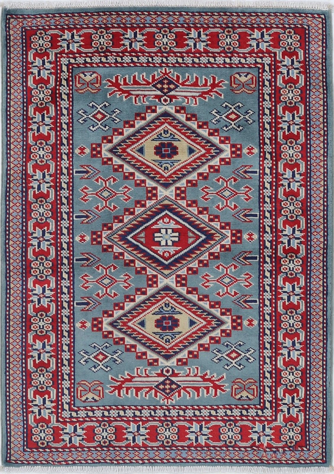 2x3 Ft Handmade Blue, Red, Ivory Wool Accent Rug With Geometric Medallion Design