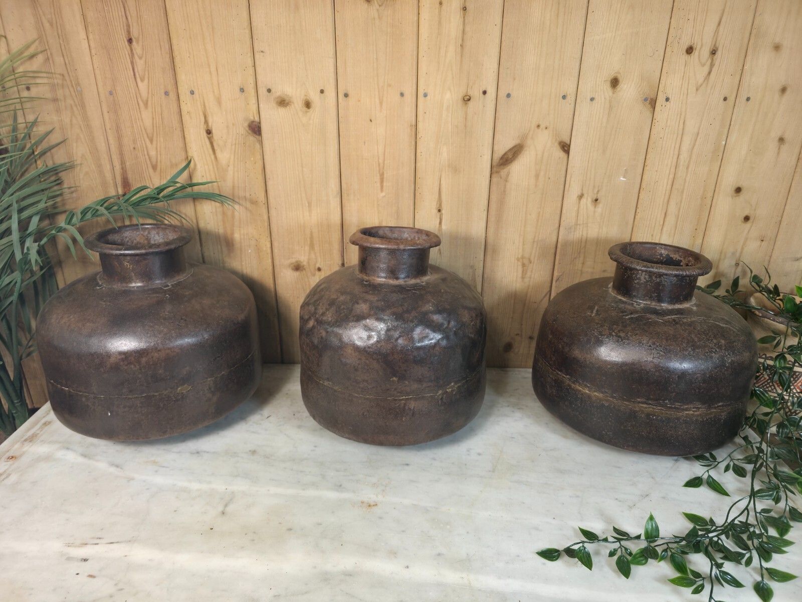 Old Vintage Rustic Wabi Sabi Heavy Duty Metal Iron Indian Water Pot Vase Carrier