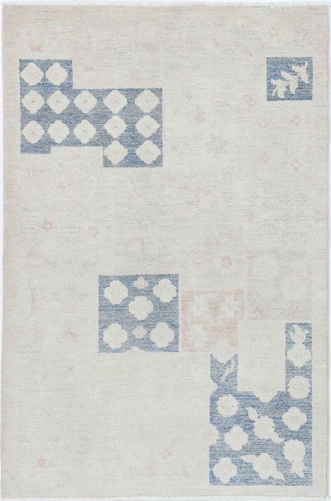 3.5x5.2 Ft Hand Knotted Ivory, Blue, Blush Wool Accent Rug With Geometric Design