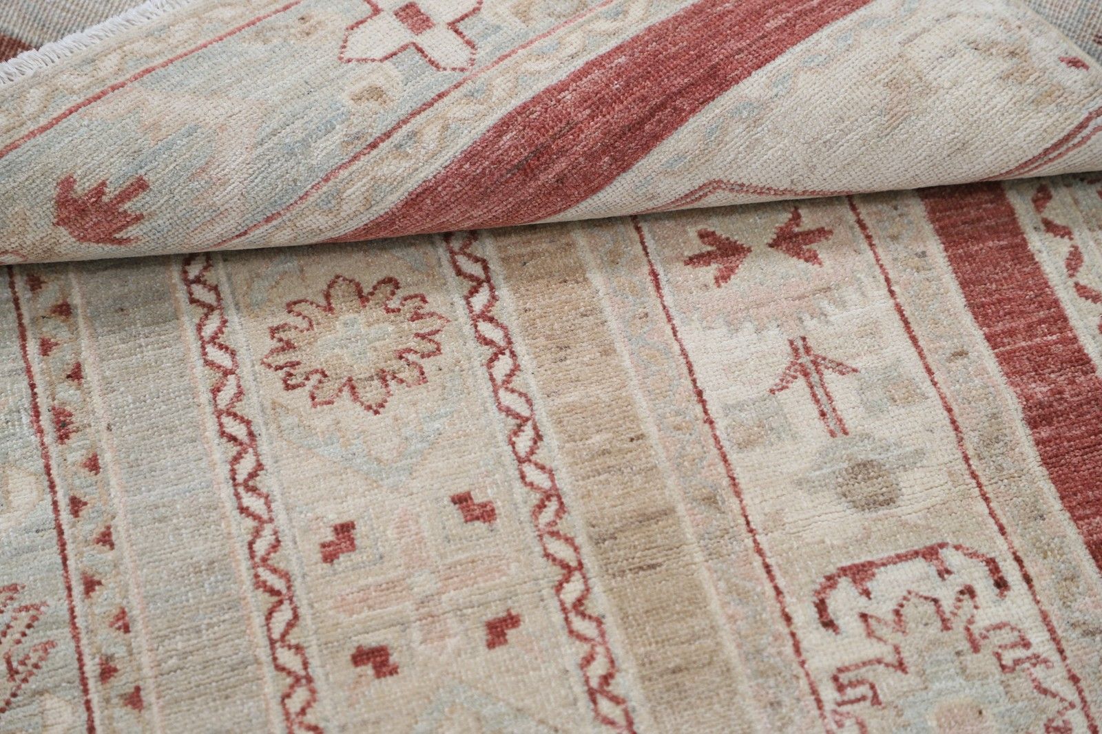 3,8x5,8 ft Handgeknoopt Beige, Rood Vloerkleed. Turks Geometrisch Motief Accentkleed photo Textiel