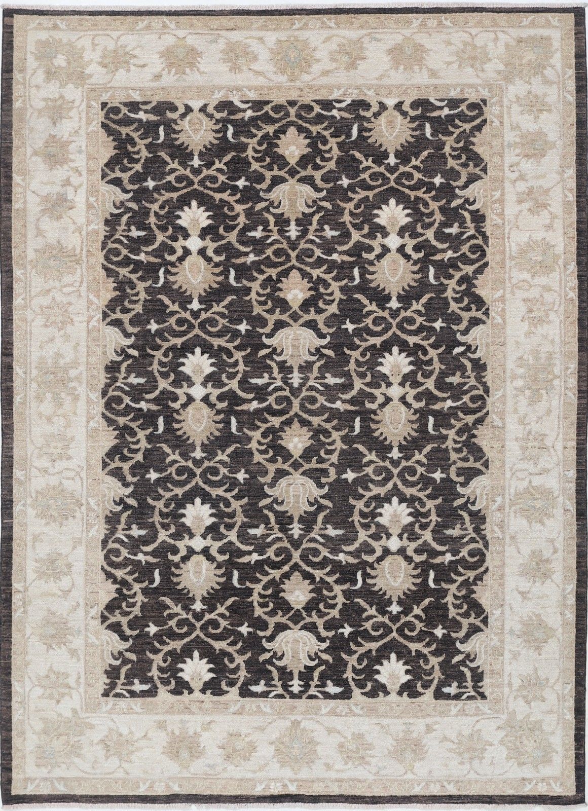 5.7x7.8 Ft Hand Knotted Floral Turkish Area Rug In Brown And Beige. 100% Wool