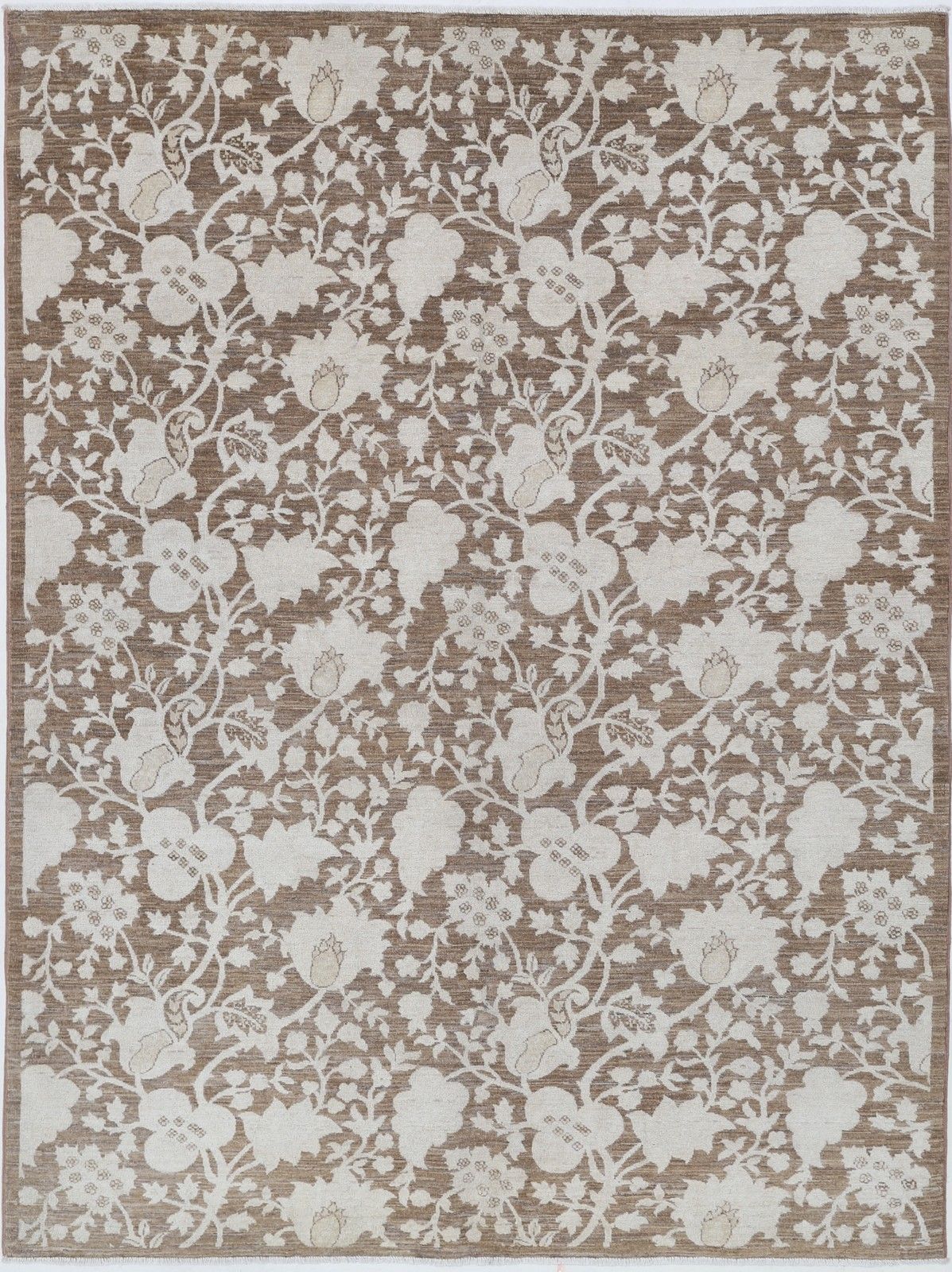 Tapis noué à la main 166 x 227 cm, motif floral sur fond brun et ivoire