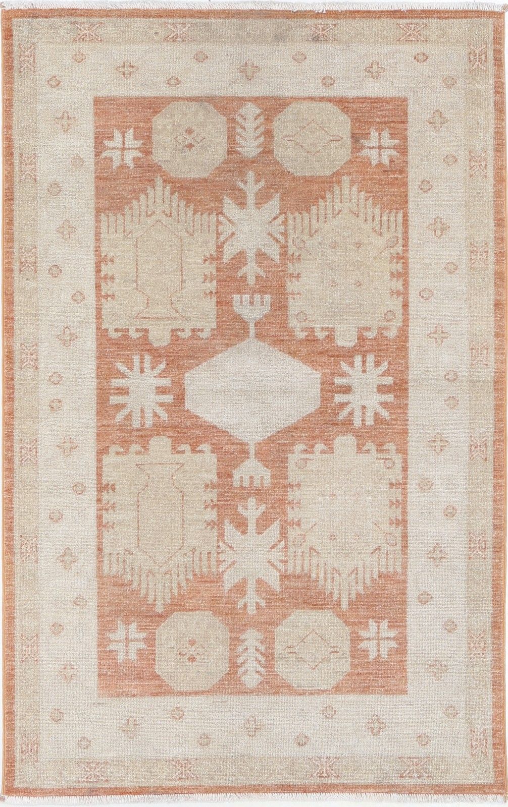 3x5 Ft Hand Knotted Beige, Red Wool Area Rug. Turkish Tribal Motif Accent Rug