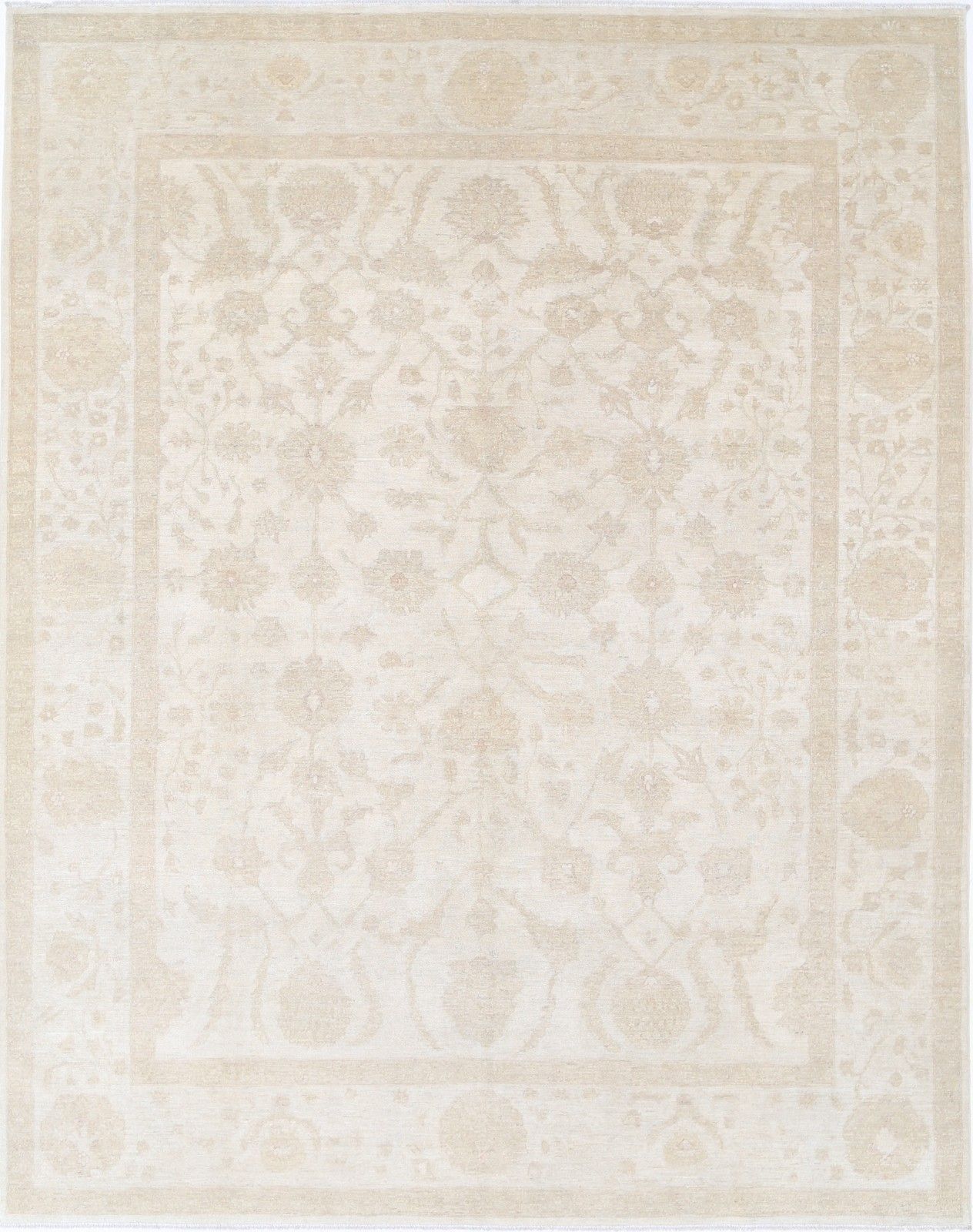 Tapis noué main 9 x 11,3 ft, grand format. Tapis de salon beige à motifs floraux