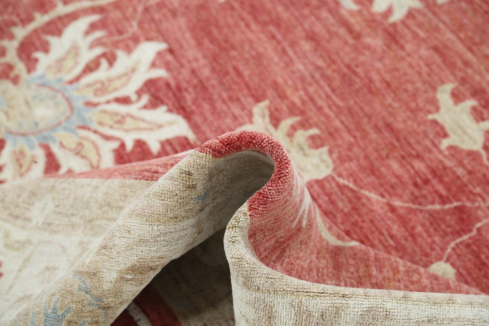 Grand tapis Oushak floral fait main, fond rouge et bordure ivoire, 244 x 346 cm photo vinterior