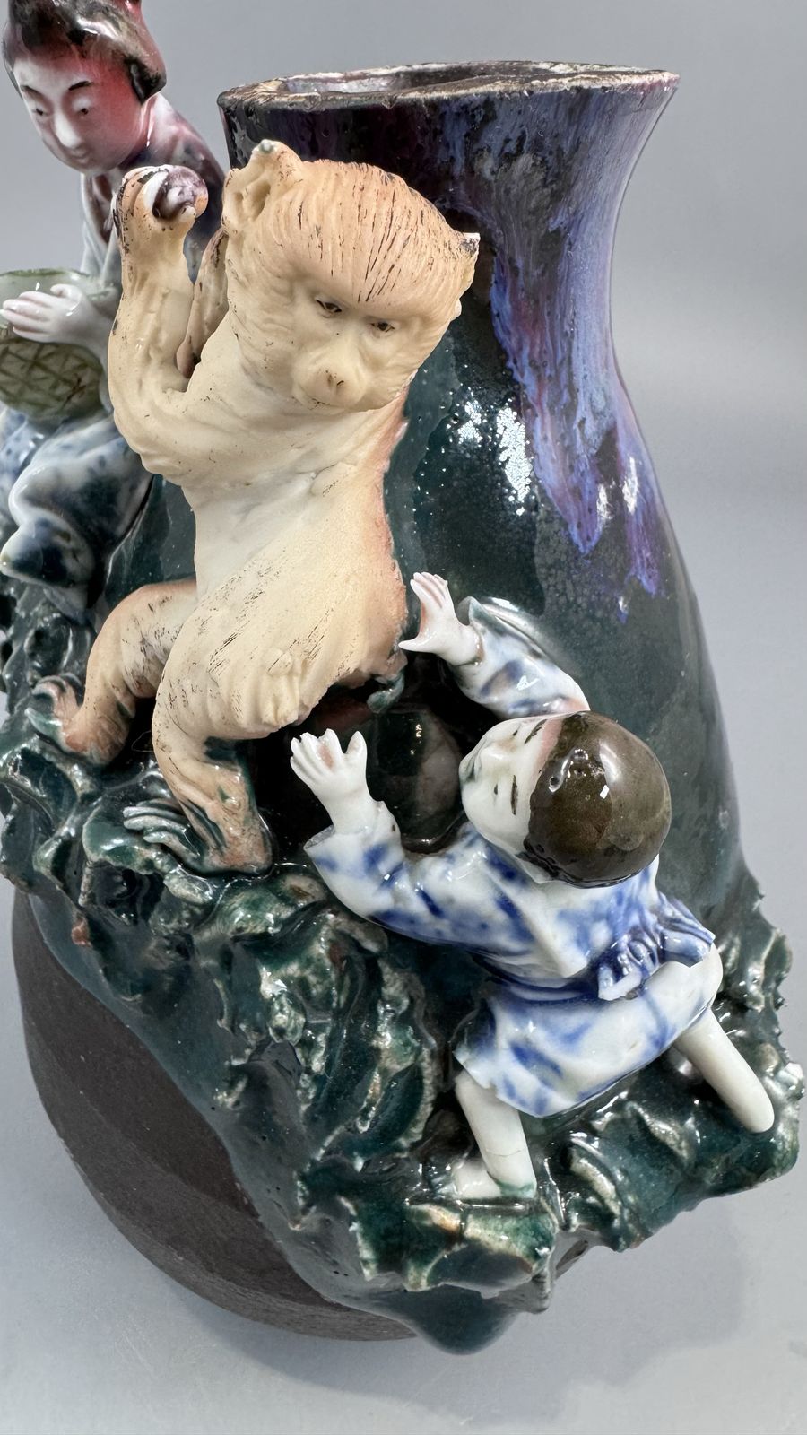 Japanese Sumida Gawa Vase With Monkey, Karako And Seated Woman, Kōko — Meiji / Early Taishō Period photo for sale