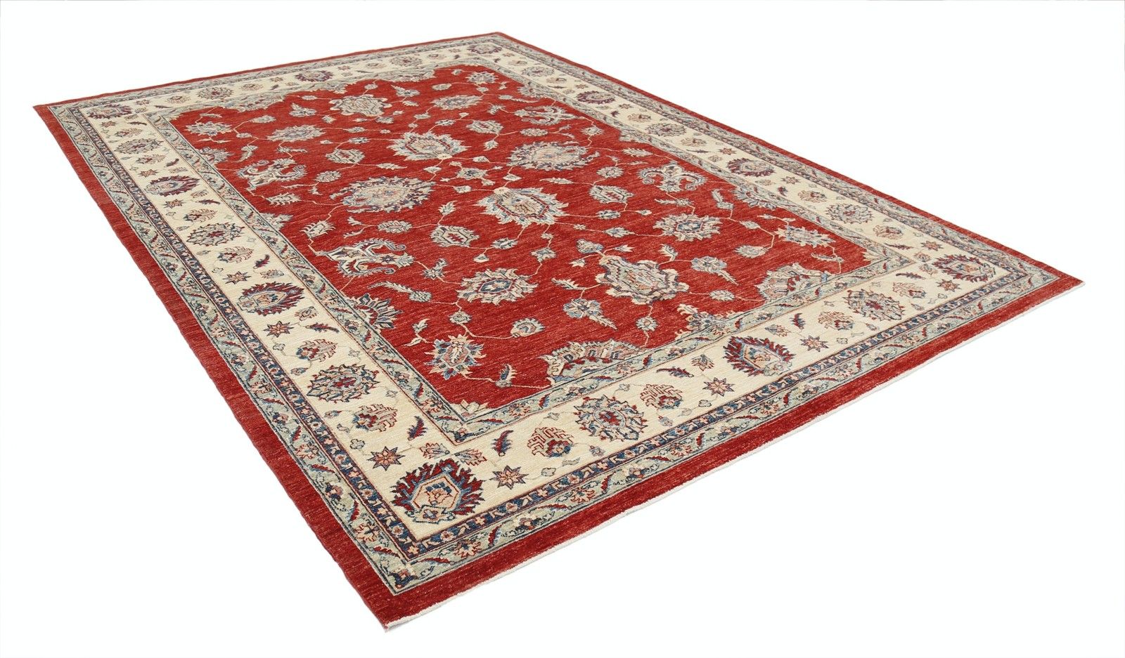 8.4x11.7 Ft Hand Knotted Floral Large Area Rug With Red Field And Ivory Border photo for sale