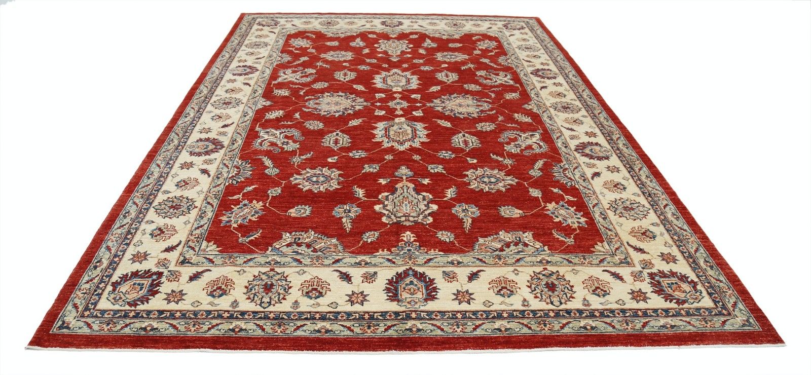 8.4x11.7 Ft Hand Knotted Floral Large Area Rug With Red Field And Ivory Border photo Textiles
