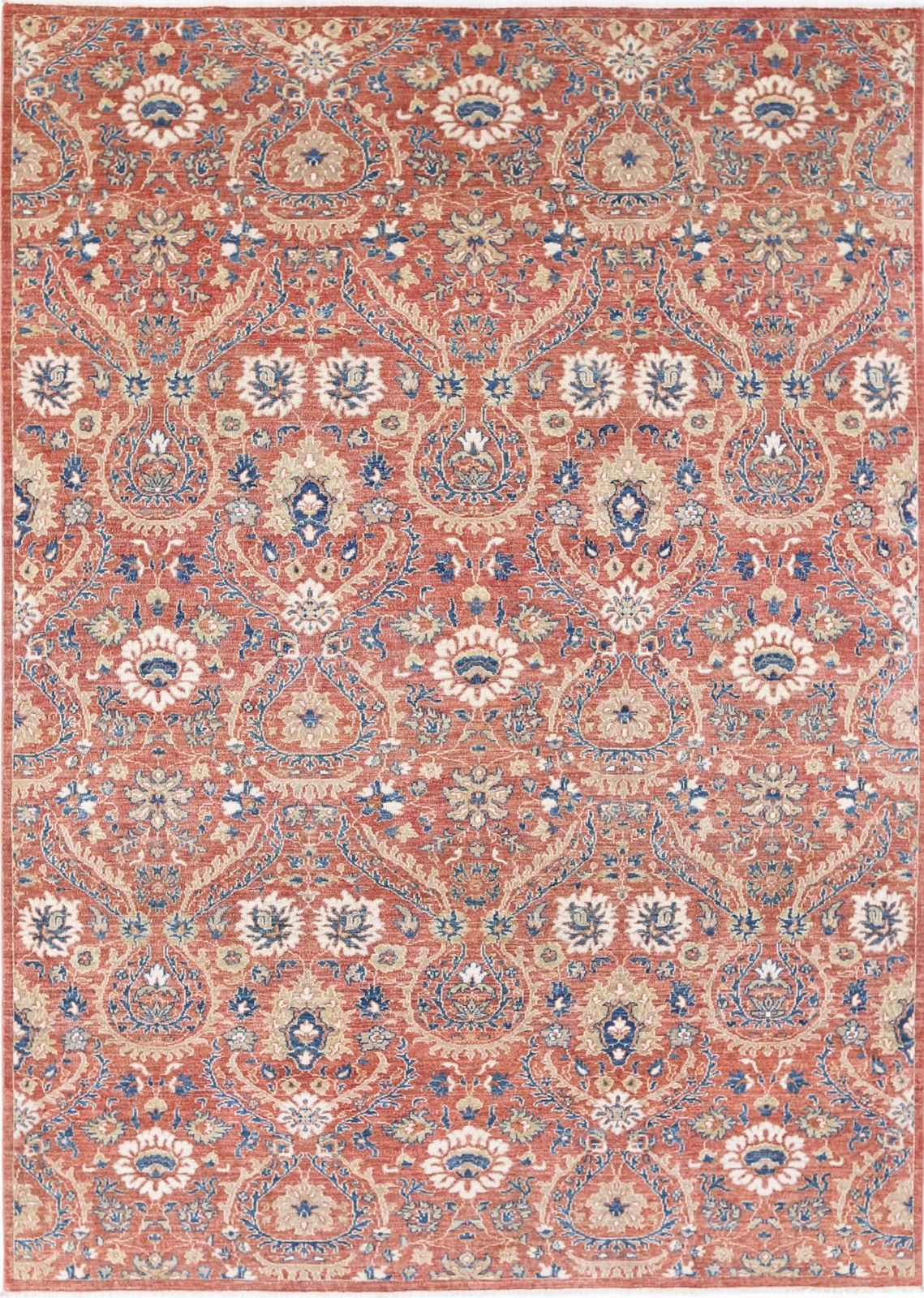 6.6x9.6 Ft Handknotted Red, Navy Blue, Beige Wool Area Rug. Floral Design Carpet