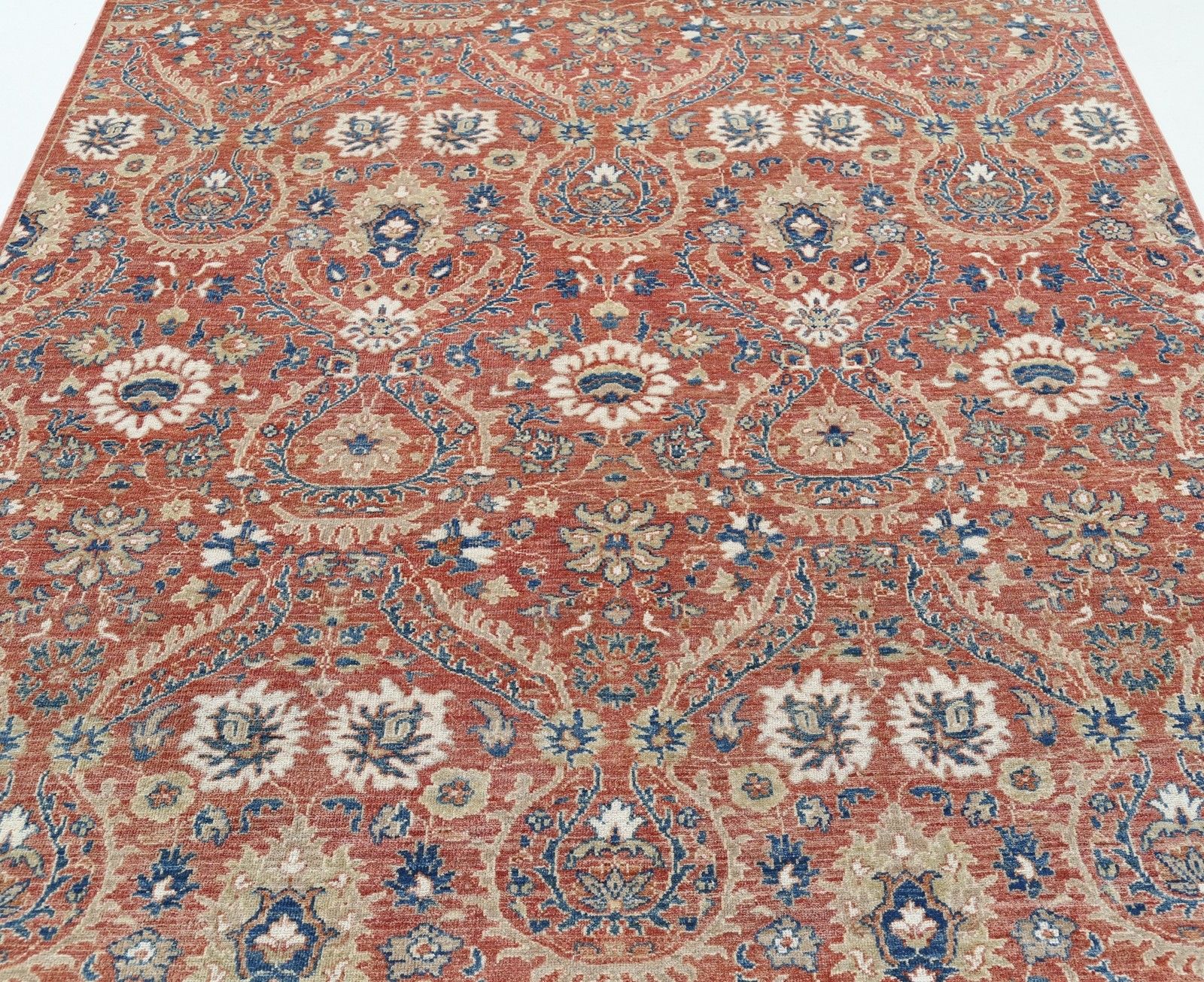 6.6x9.6 Ft Handknotted Red, Navy Blue, Beige Wool Area Rug. Floral Design Carpet photo for sale