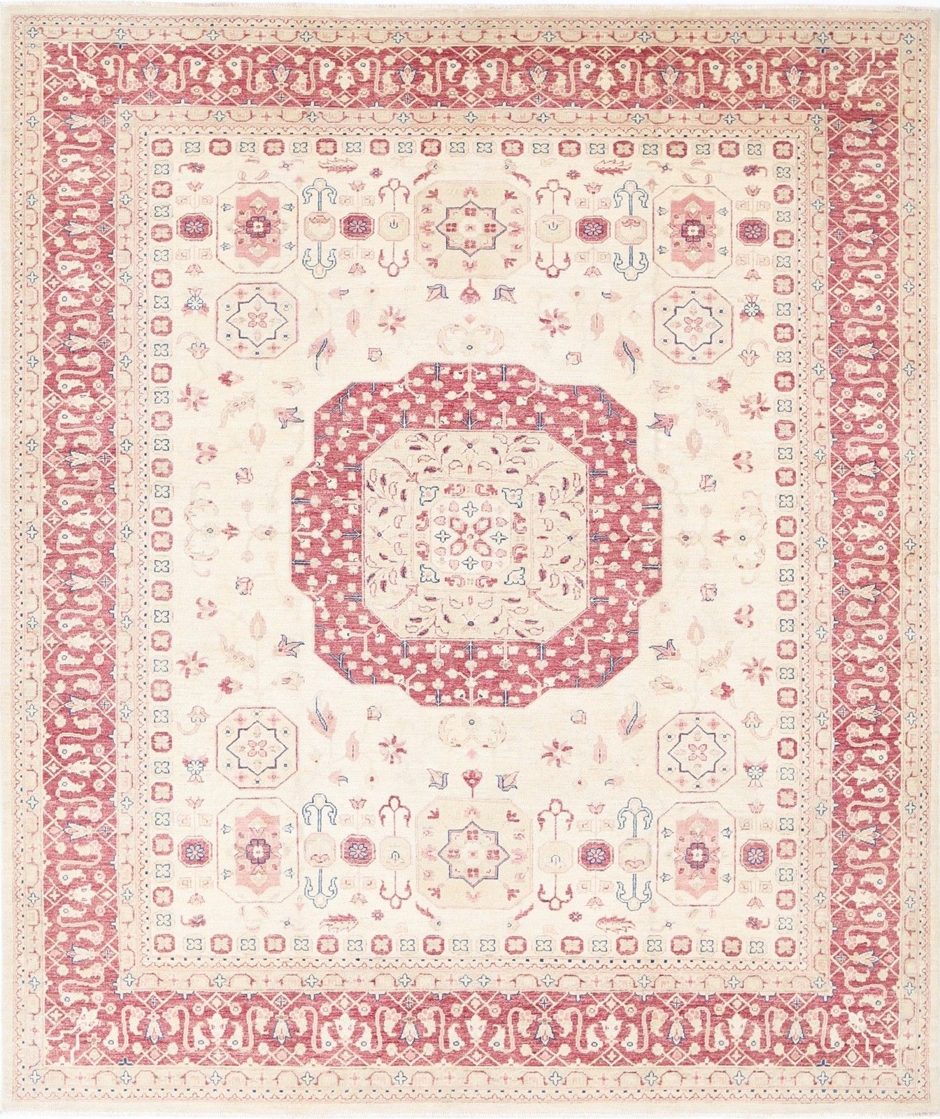 Grand tapis en laine noué à la main, beige et rouge, motif médaillon - 2,44 x 2,93 m (8 x 9,7 pi)
