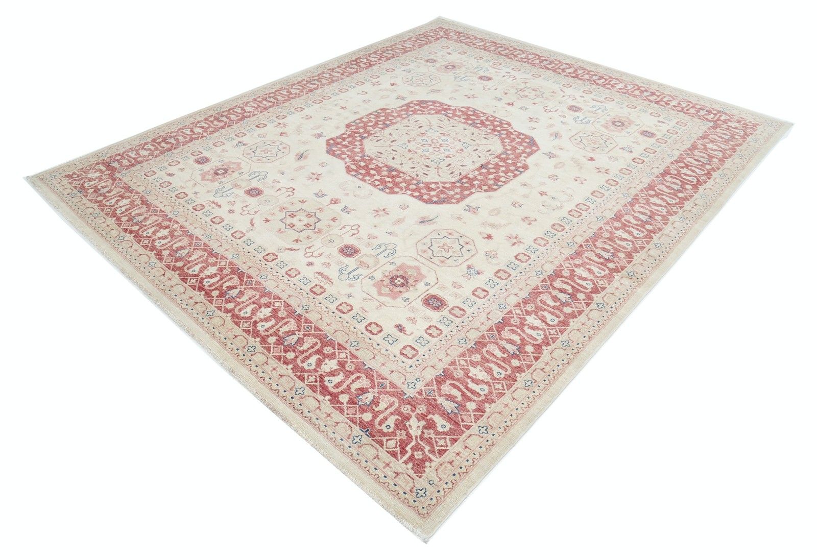 Grand tapis en laine noué à la main, beige et rouge, motif médaillon - 2,44 x 2,93 m (8 x 9,7 pi) photo for sale