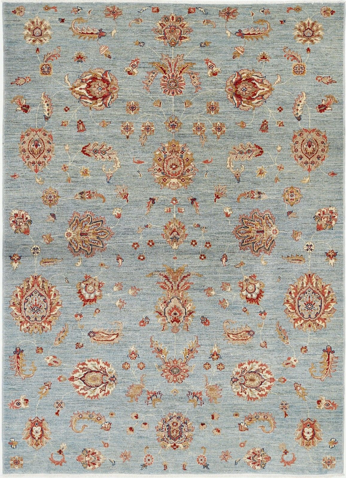 Traditioneel handgeknoopt vloerkleed in lichtblauw en ivoor met bloemmotief, 170 x 235 cm