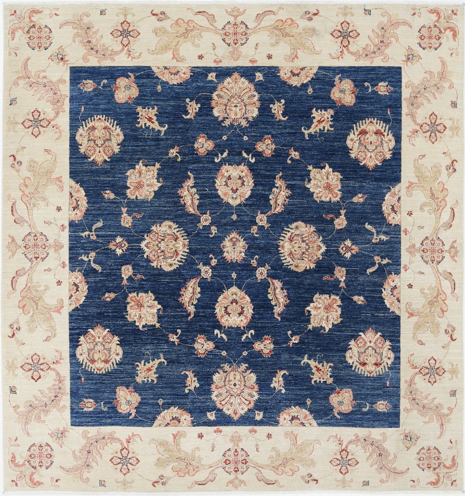 8x8.6 Ft Hand Knotted Square Oushak Wool Area Rug. Navy Blue, Beige Carpet