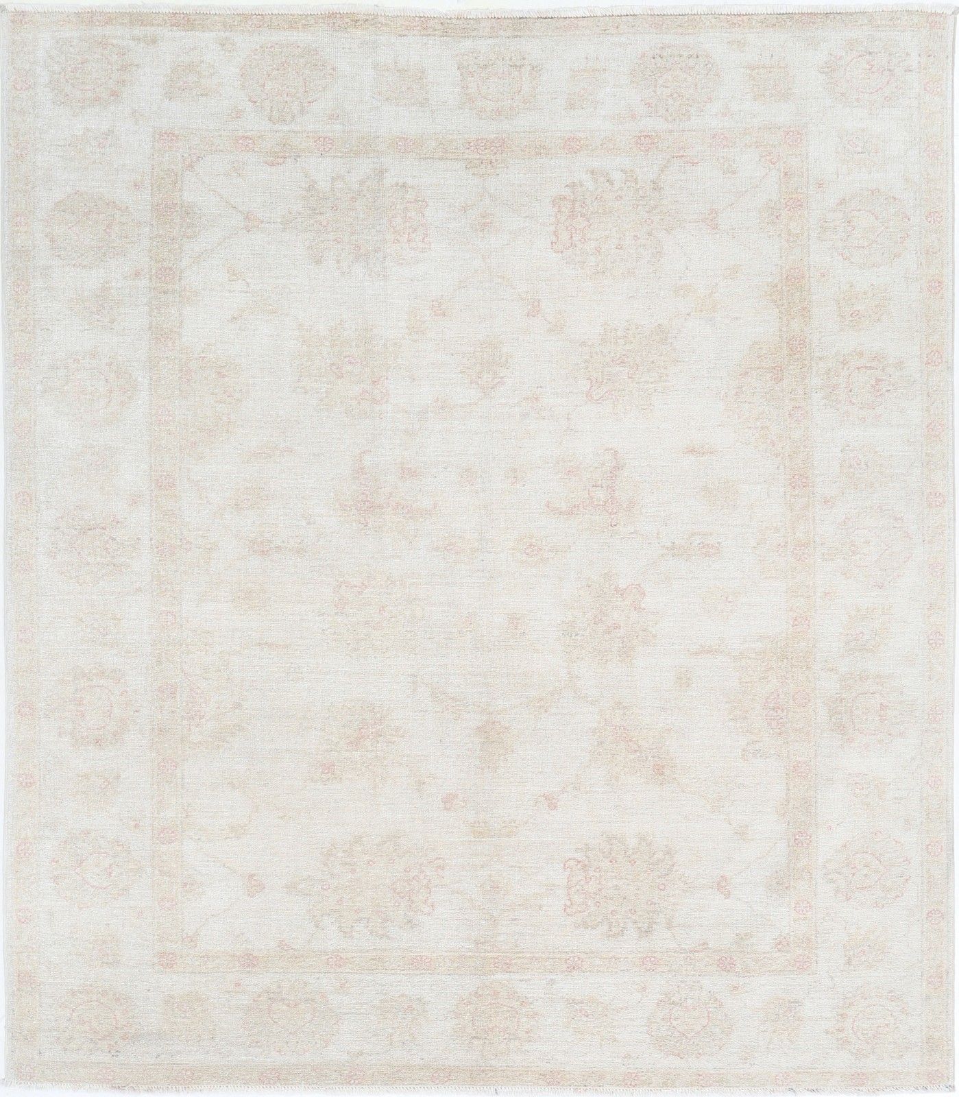 5,4x6,2 ft Handgeknoopt Beige Wollen Oushak Vloerkleed met Allover Bloemmotief