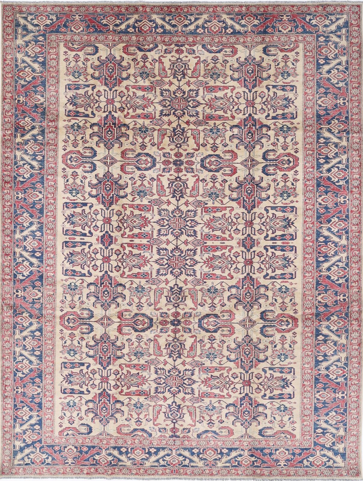 Tapis noué à la main rouge, bleu marine et ivoire à motif floral, 2,6 x 3,5 m