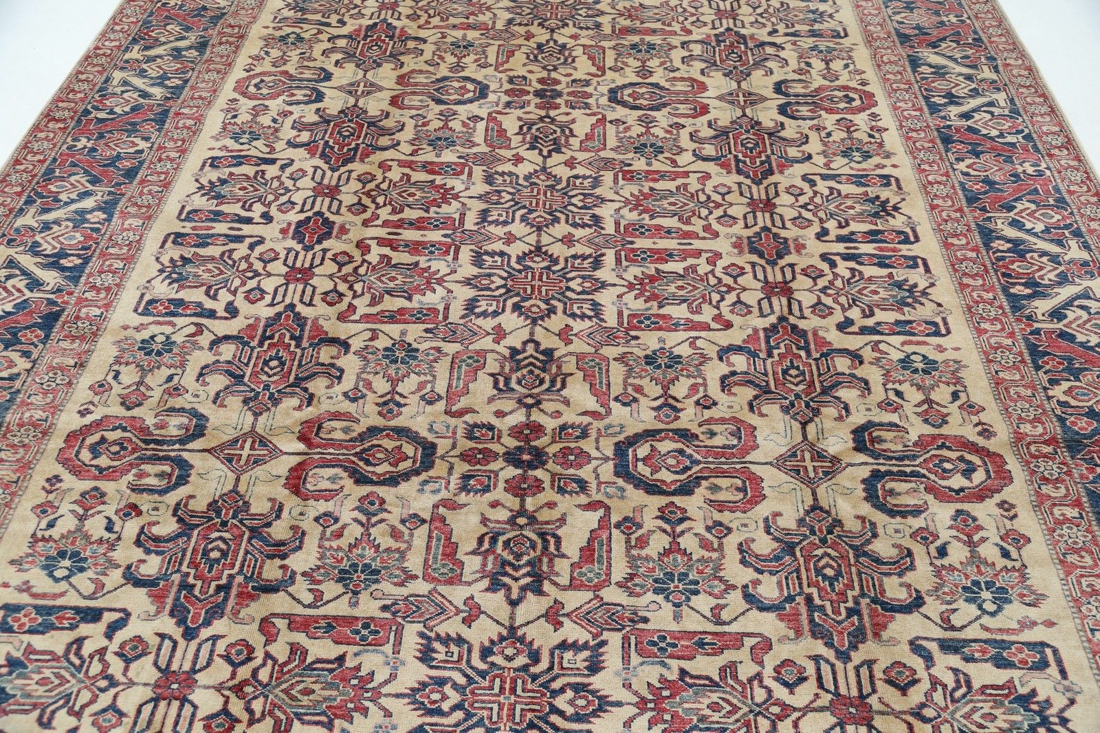 8.6x11.4 Ft Hand Knotted Red, Navy Blue And Ivory Area Rug With Floral Design photo for sale