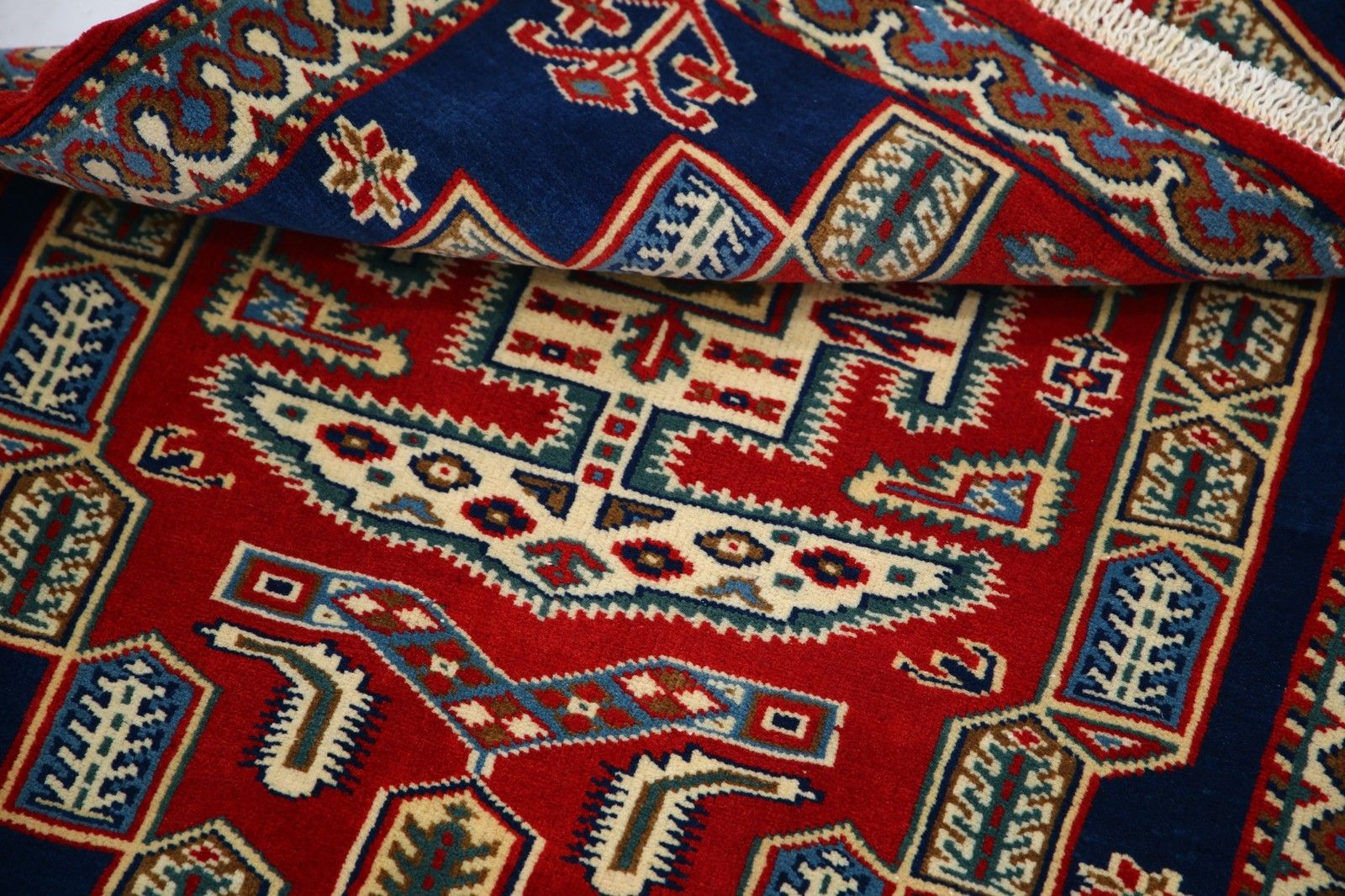 2.2x2.6 Ft Handmade Red, Navy Blue, Beige Rug. Geometric Tribal Medallion Design photo vinterior