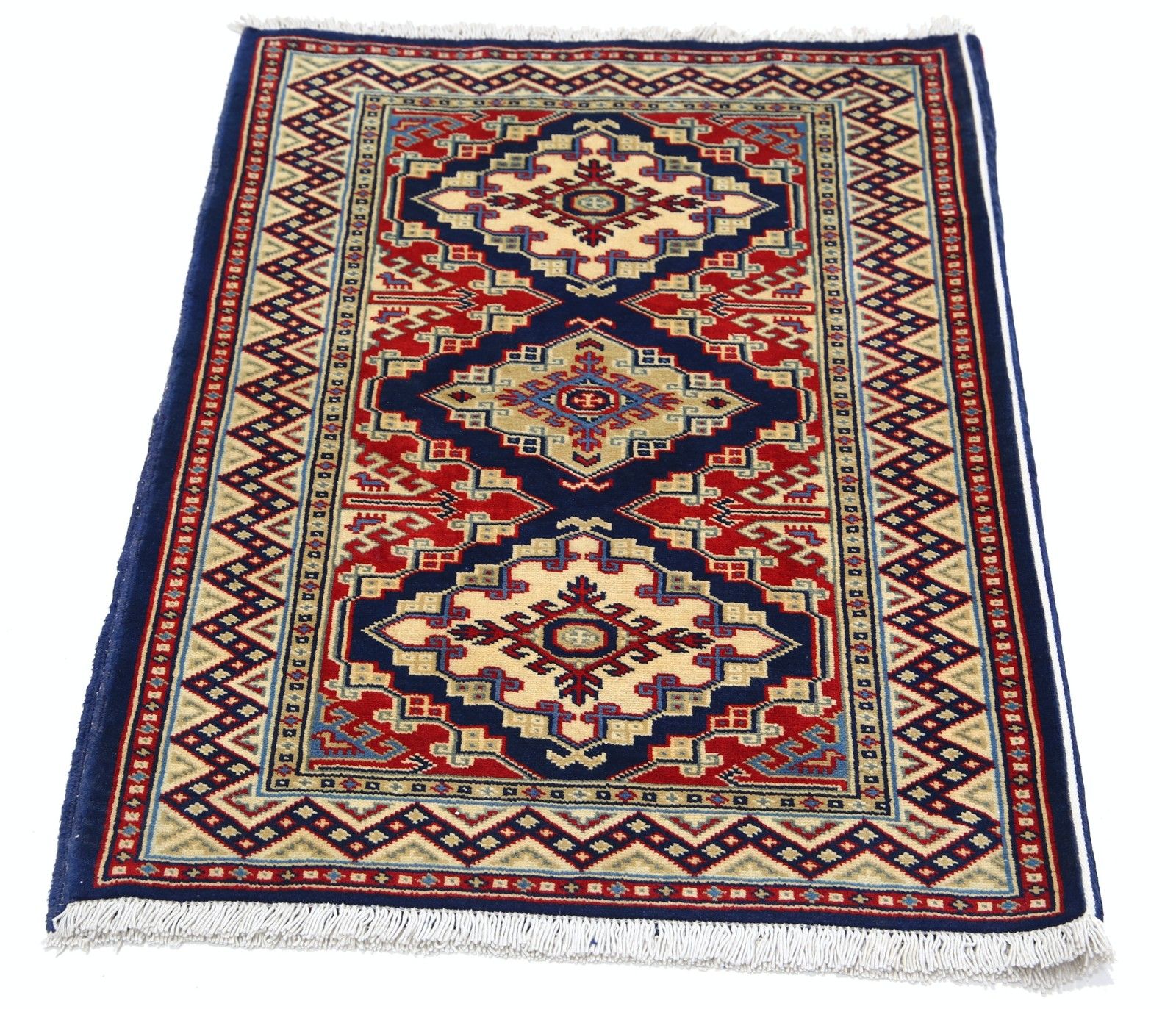 Tapis d'appoint noué à la main, bleu marine, rouge et ivoire, motif médaillon géométrique, 67 x 92 cm photo Textiles