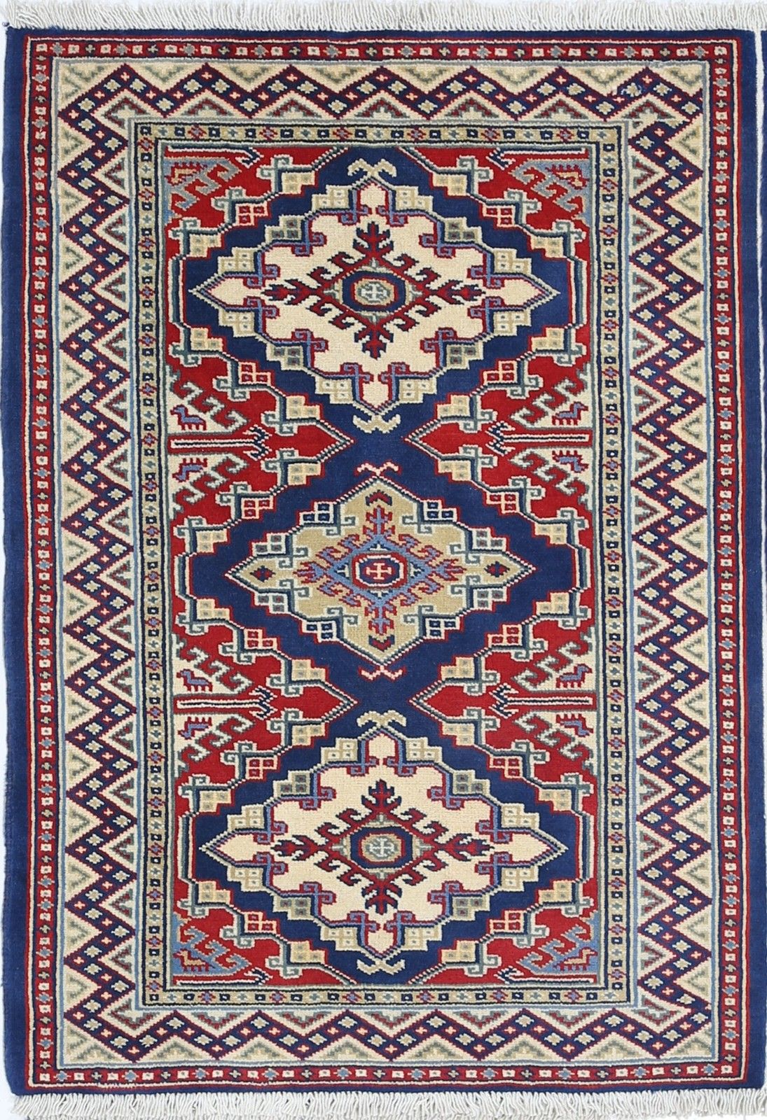 2.2x3 Ft Hand Knotted Navy Blue, Red, Ivory Area Rug. Geometric Medallion Design