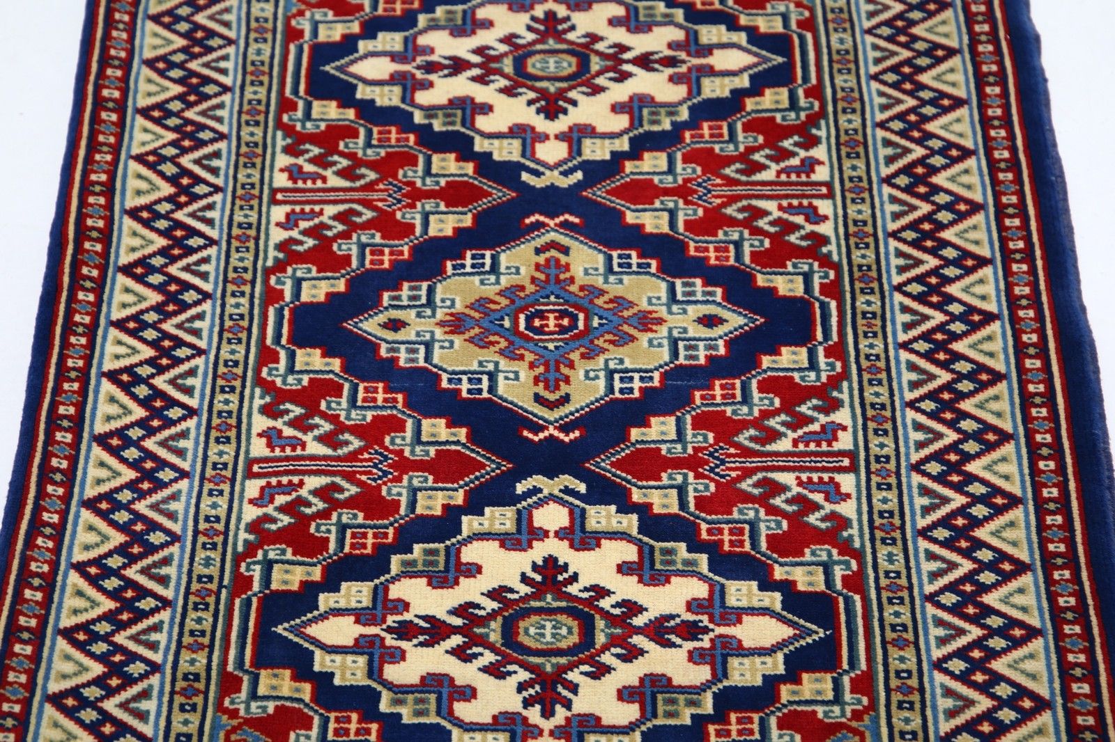 2.2x3 Ft Hand Knotted Navy Blue, Red, Ivory Area Rug. Geometric Medallion Design photo 370.0