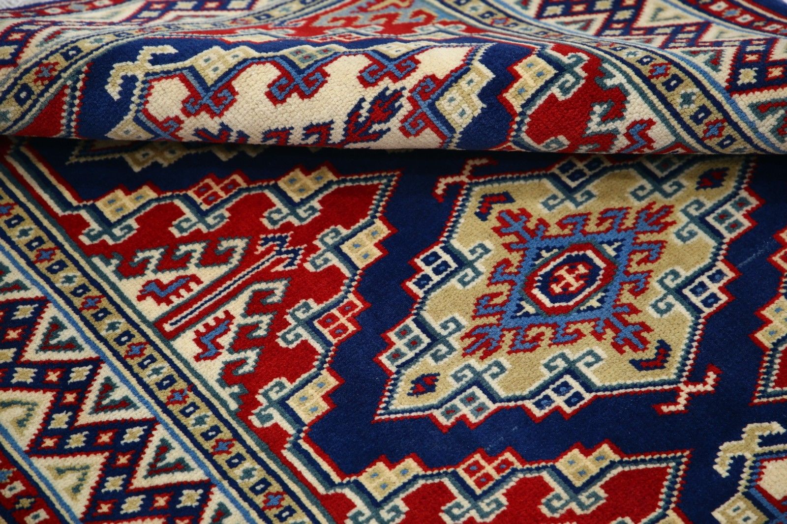 2.2x3 Ft Hand Knotted Navy Blue, Red, Ivory Area Rug. Geometric Medallion Design photo vinterior