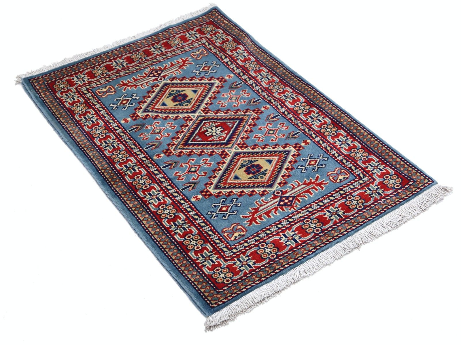 Tapis en laine fait main, bleu clair, rouge et ivoire, 2 x 3 pi - médaillon géométrique photo furniture