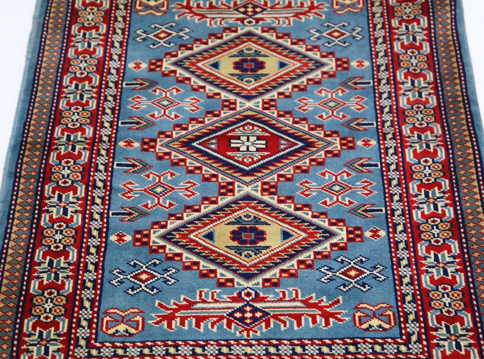 Tapis en laine fait main, bleu clair, rouge et ivoire, 2 x 3 pi - médaillon géométrique photo 370.0