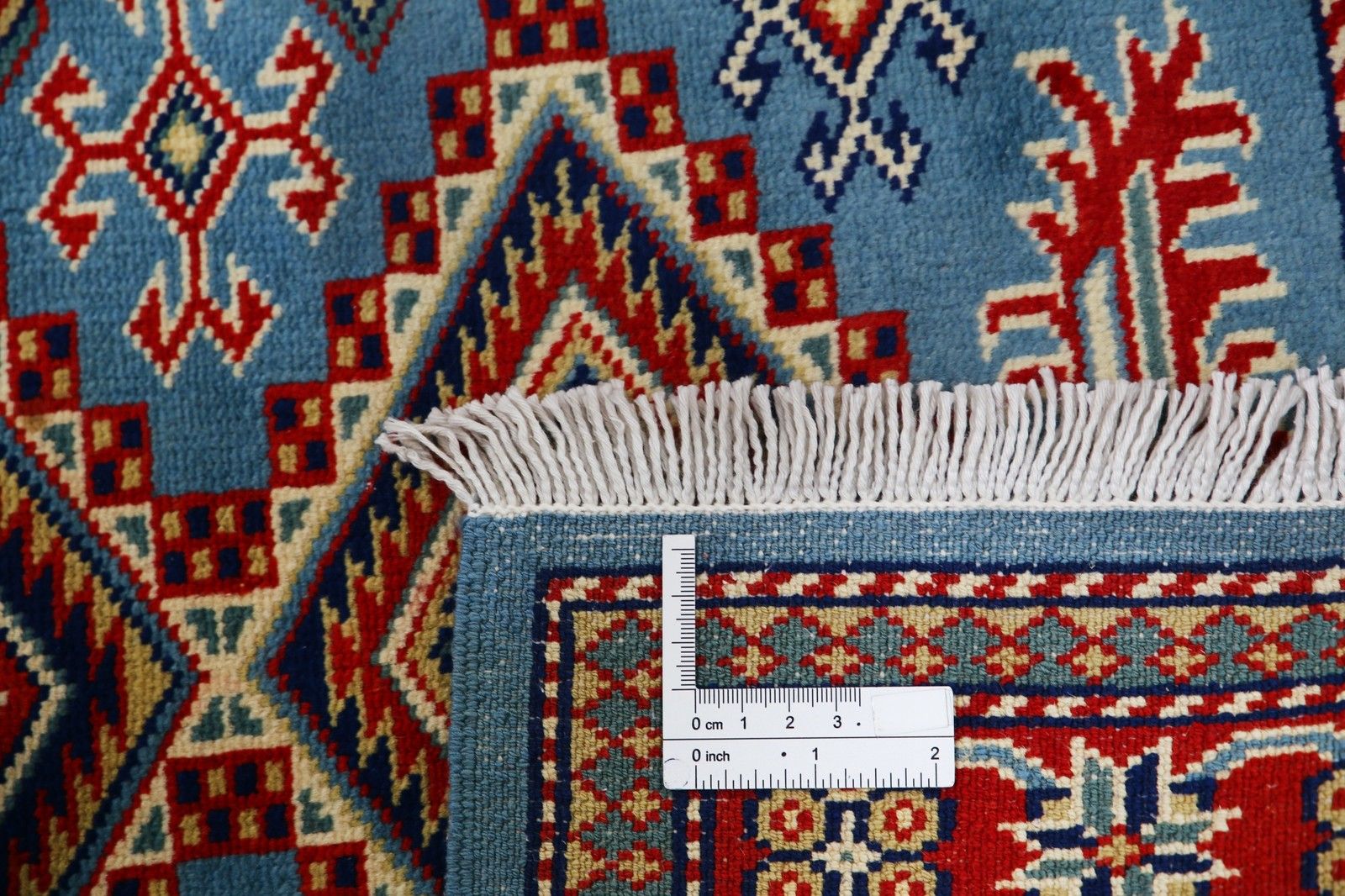 Tapis en laine fait main, bleu clair, rouge et ivoire, 2 x 3 pi - médaillon géométrique photo buy