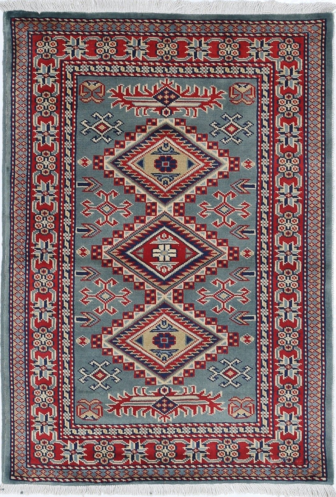 2x3 Ft Handmade Green, Red, Ivory Wool Area Rug With Geometric Medallion Design