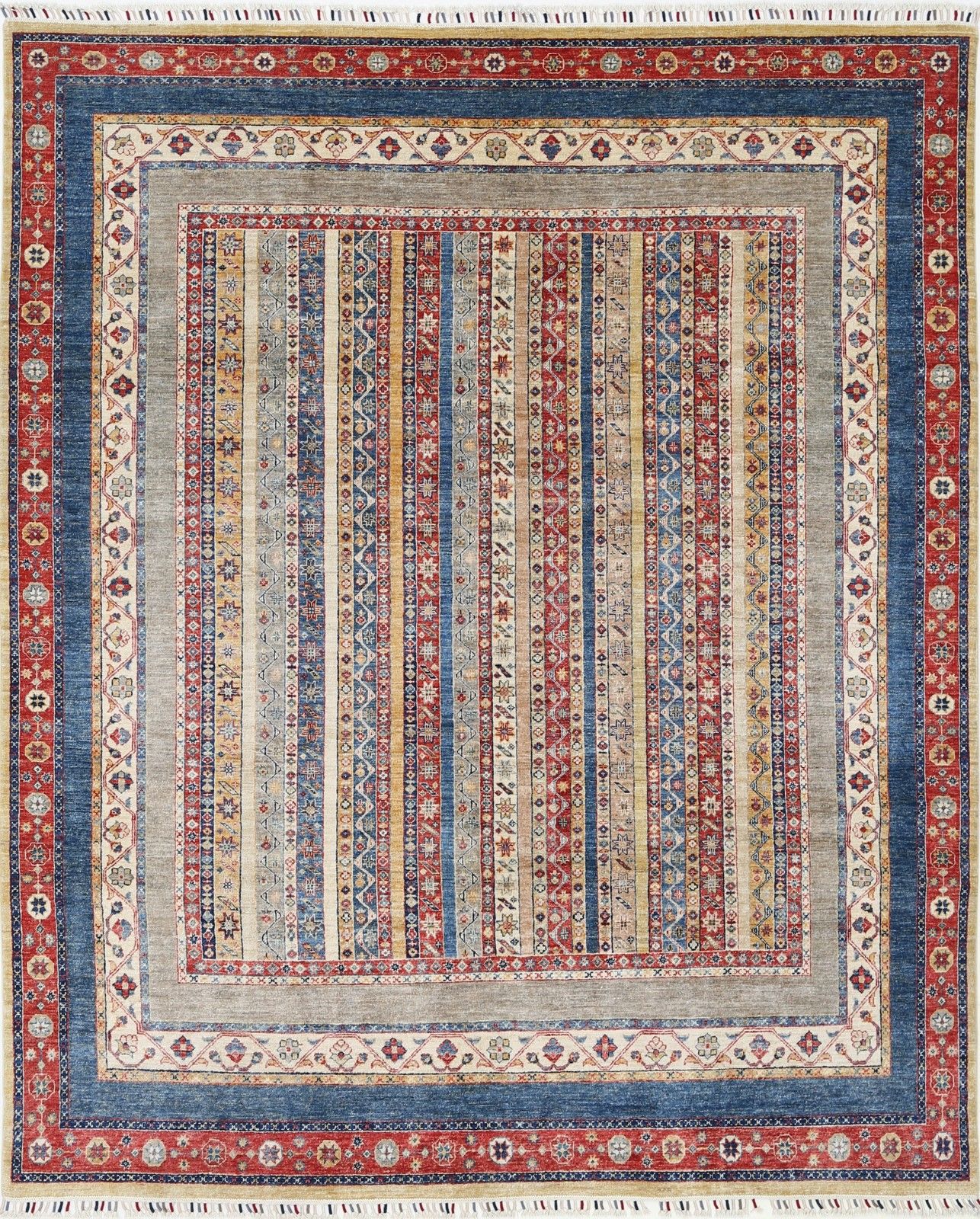 8x9.7 Ft Colorful Hand Knotted Striped Pattern Red, Navy Blue And Beige Area Rug