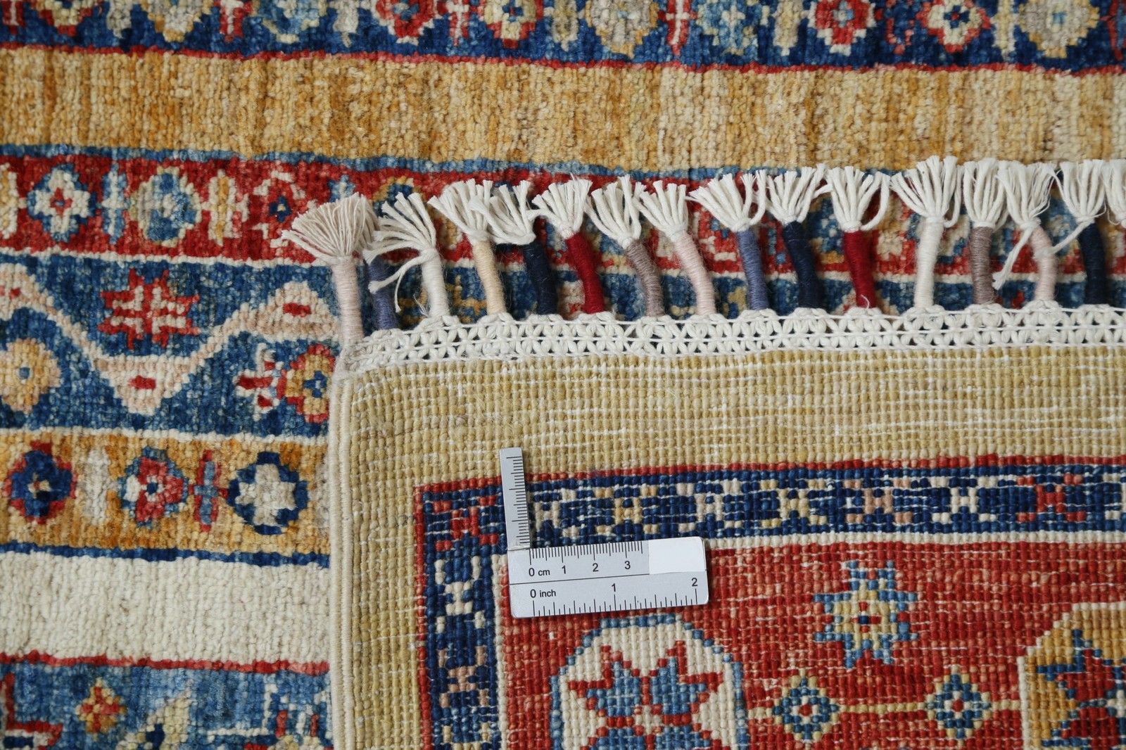 Tapis de sol à rayures noué à la main, rouge, bleu marine et beige, 244 x 295 cm photo buy