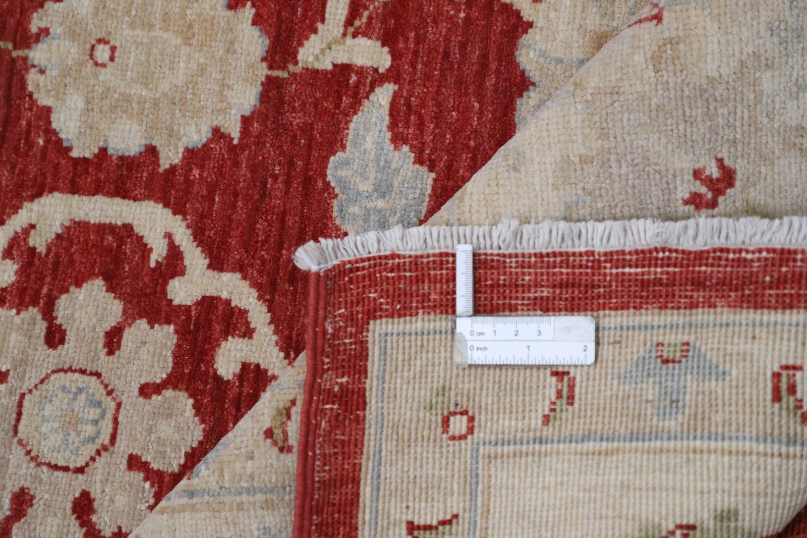 Tapis à motifs floraux noué à la main, champ rouge et bordure beige, 2,01 x 2,99 m photo buy