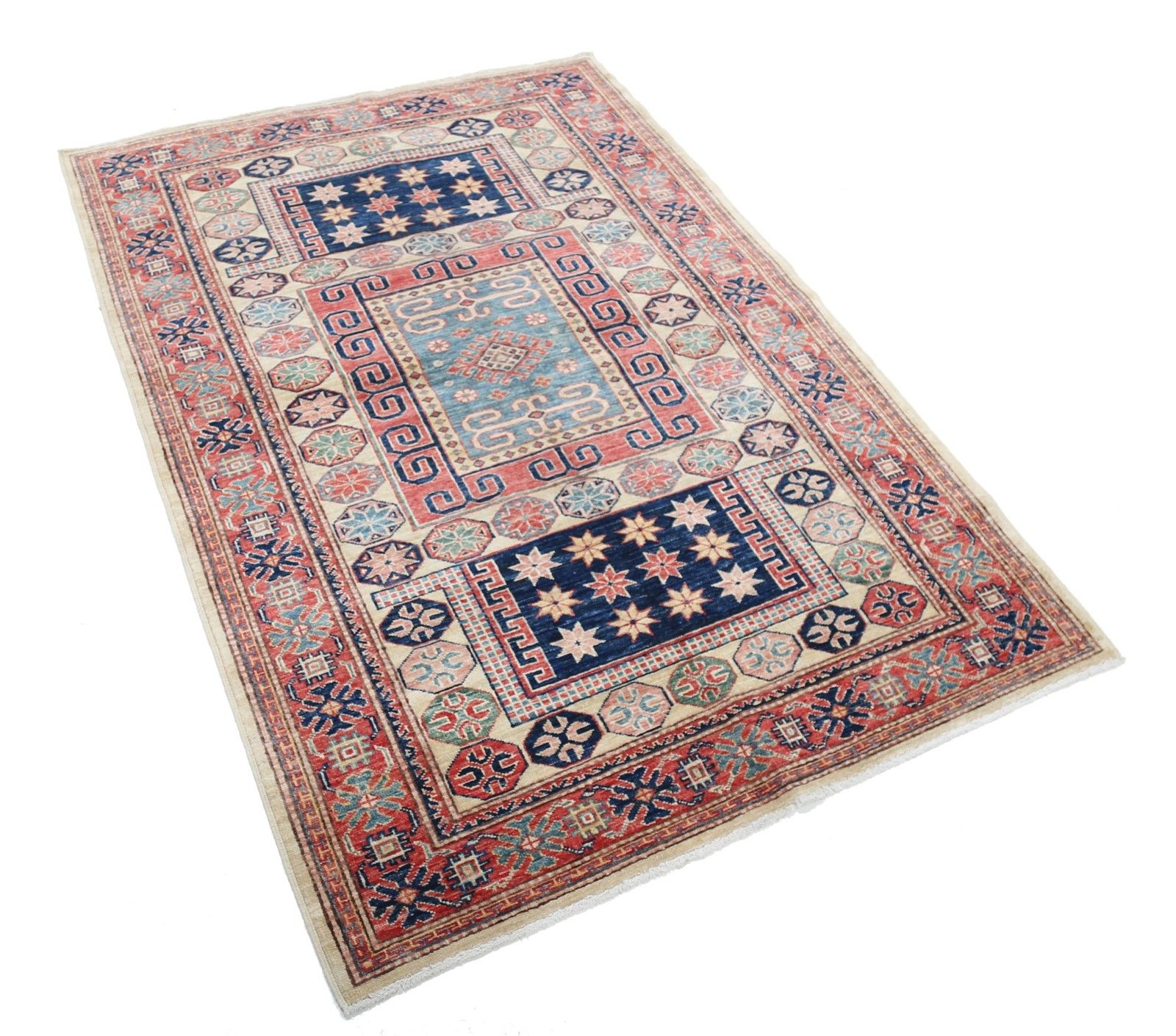 Tapis en laine noué à la main, rouge, bleu marine et bleu clair, à motif géométrique, 1,25 x 1,80 m photo furniture