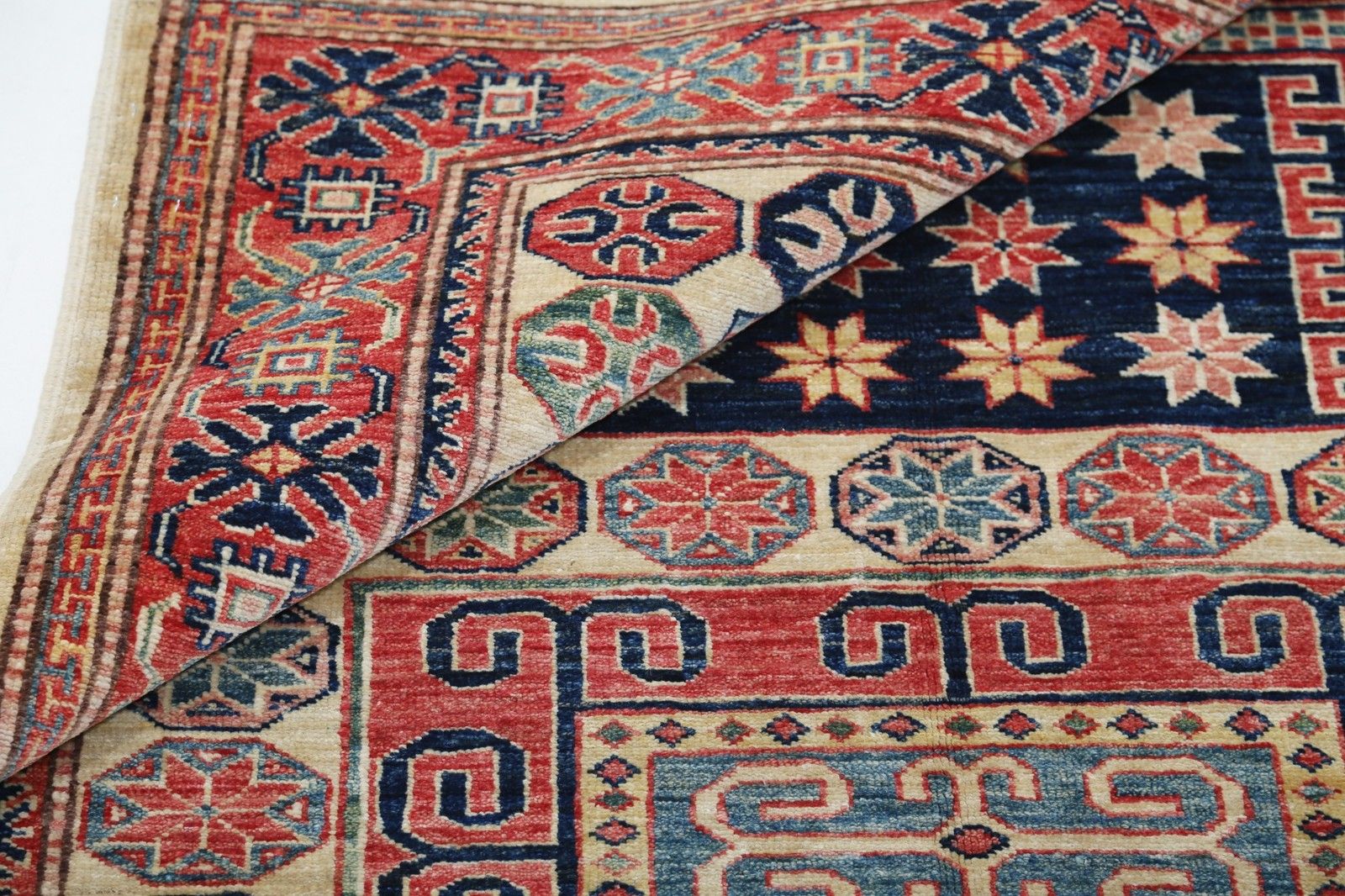 Tapis en laine noué à la main, rouge, bleu marine et bleu clair, à motif géométrique, 1,25 x 1,80 m photo vinterior