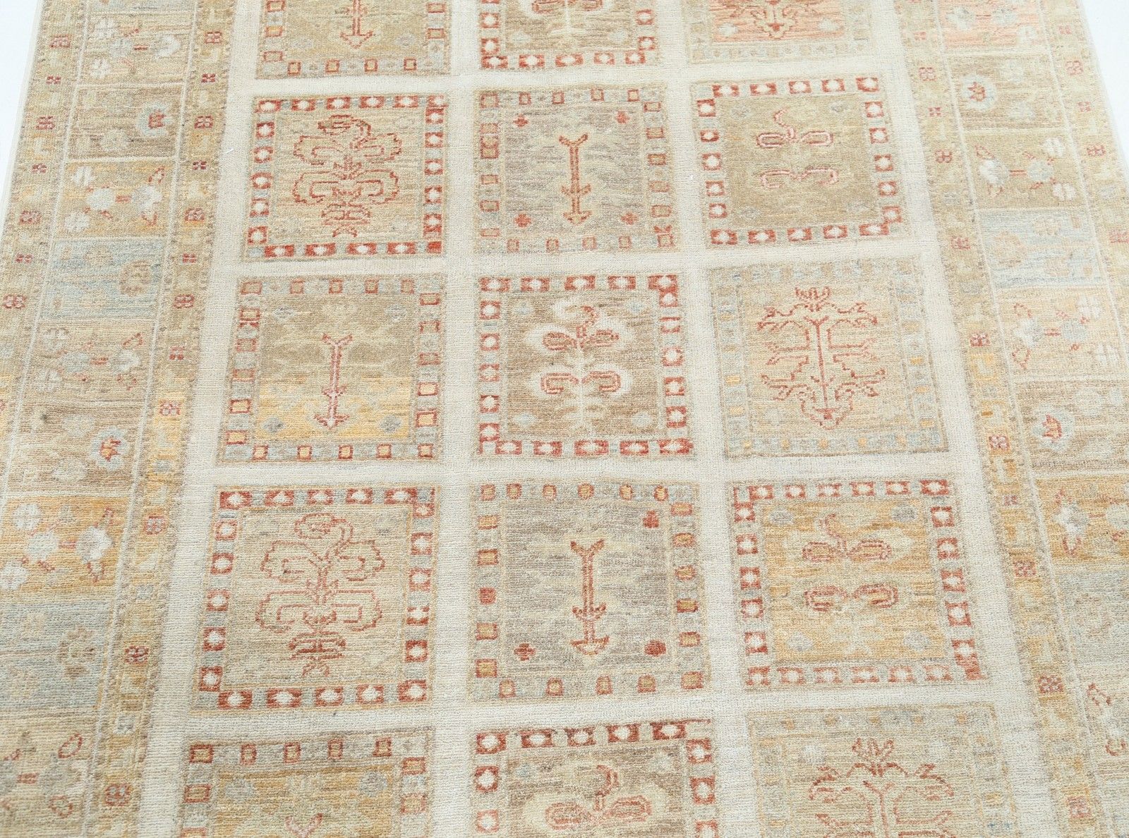 4.2x5.7 Ft Handknotted Beige, Soft Gold Wool Area Rug. Geometric Panel Small Rug photo for sale