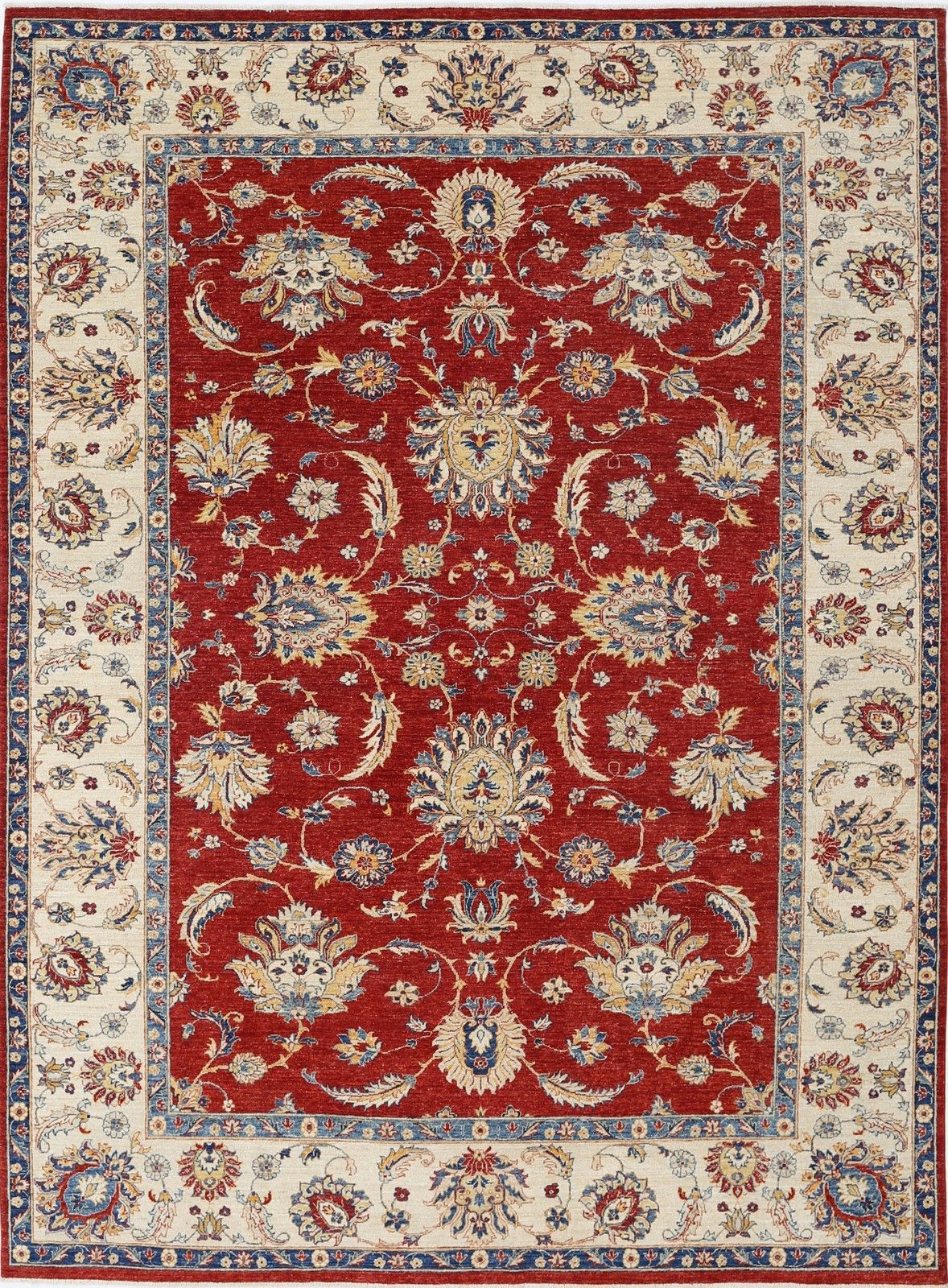 8.8x12 Ft Hand Knotted Floral Large Area Rug With Red Field And Beige Border.