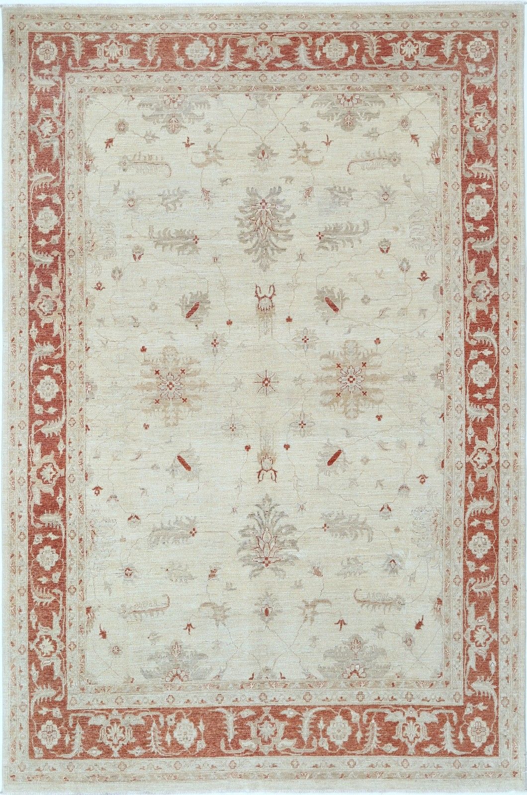 8.2x12.5 Ft Hand Knotted Floral Large Area Rug With Beige Field And Red Border